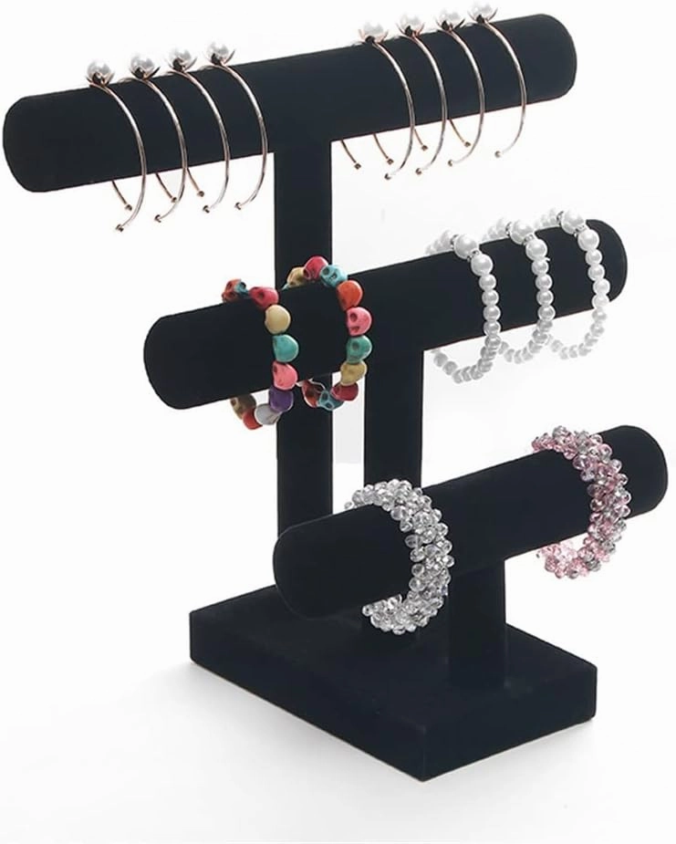 HBJWOV 3 Tier Black Velvet Detachable Bracelet Chain Watch T-Bar Rack Jewelry Organizer Hard Display Jewelry Display