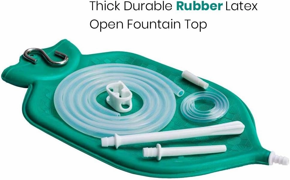 HealthAndYoga™ NaturoFlo Superior Enema Bag Kit with Silicone Tubing Hose and Fittings - 2 Quart Fountain Open top Kit for Fleet Enema and Anal Douche - Green