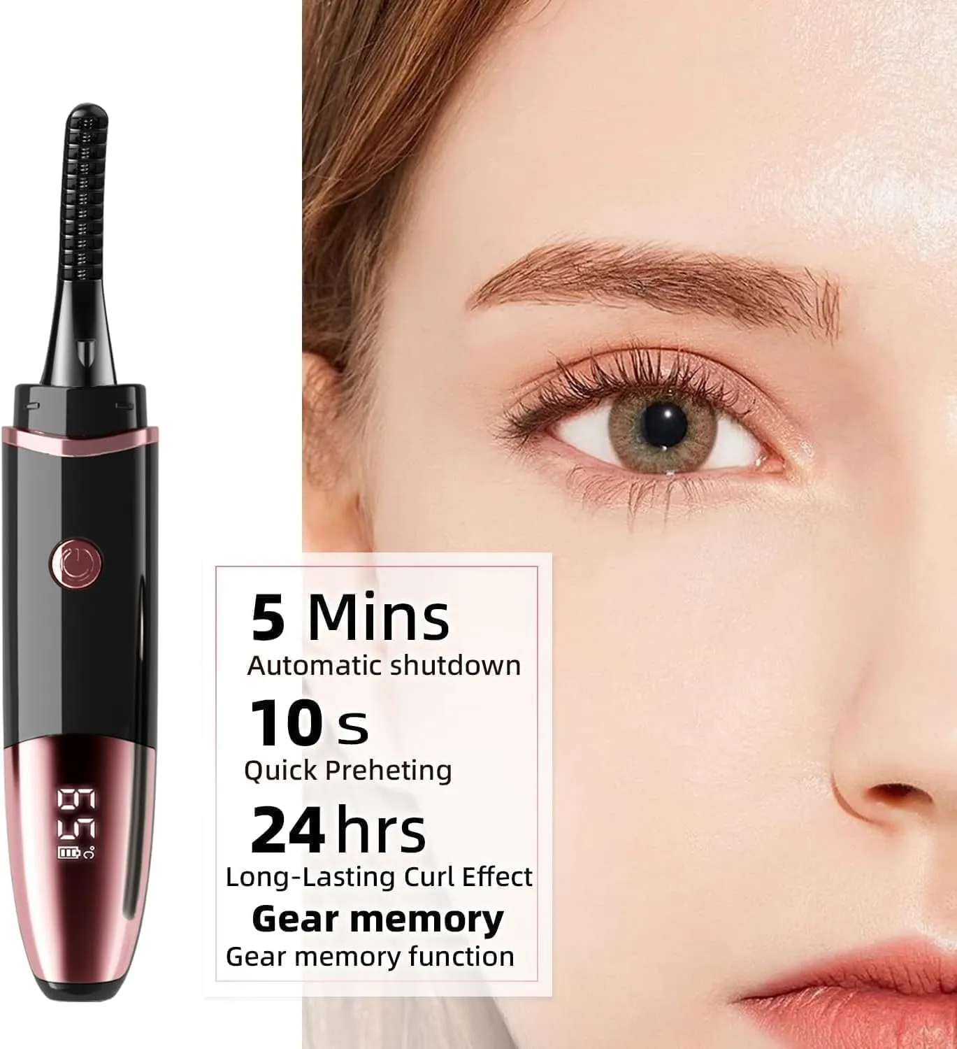 Heated Eyelash Curler, Fast Heat up Within 10s, 24 Hours Long Lasting, Rechargeable Electric Eyelash Curler, Temperature Control, Mini Lash Curler Safe Anti-Burn Eyelash Curle, with LED Display-black