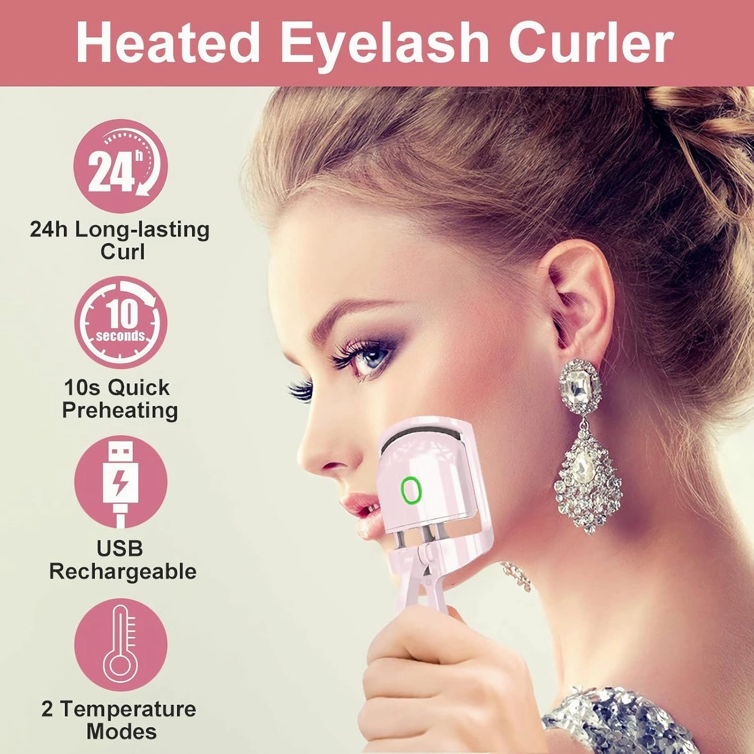 Heated Eyelash Curler,Electric Heated Lash Curler Rechargeable,Rapid Heat-up,Long-Lasting Curls,with Sensing Heating Silicone Pad(Pink)