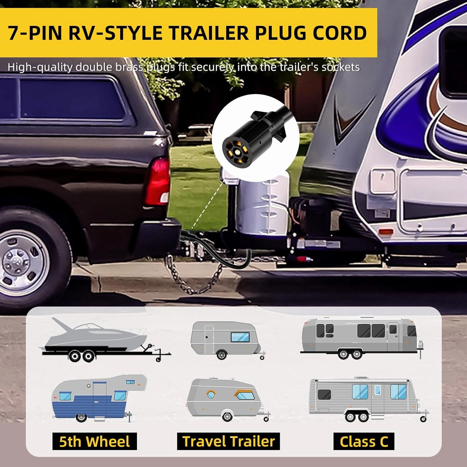 Heavy Duty 7 Way Trailer Cord - 6 Feet, Weatherproof & Corrosion Resistant 7 Wire Trailer Cable, 7 Pin Trailer Plug Inline Wiring Harness Cable for RV Trailers and Campers