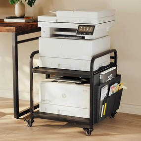 Heavy Duty Mini Fridge Stand with Charger Plug & Industrial Wheels, Adjustable 3-Level Height Refrigerator Table with Storage Bag, Mini Fridge Shelf for Dorm Office Kitchen (Obsidian Black)