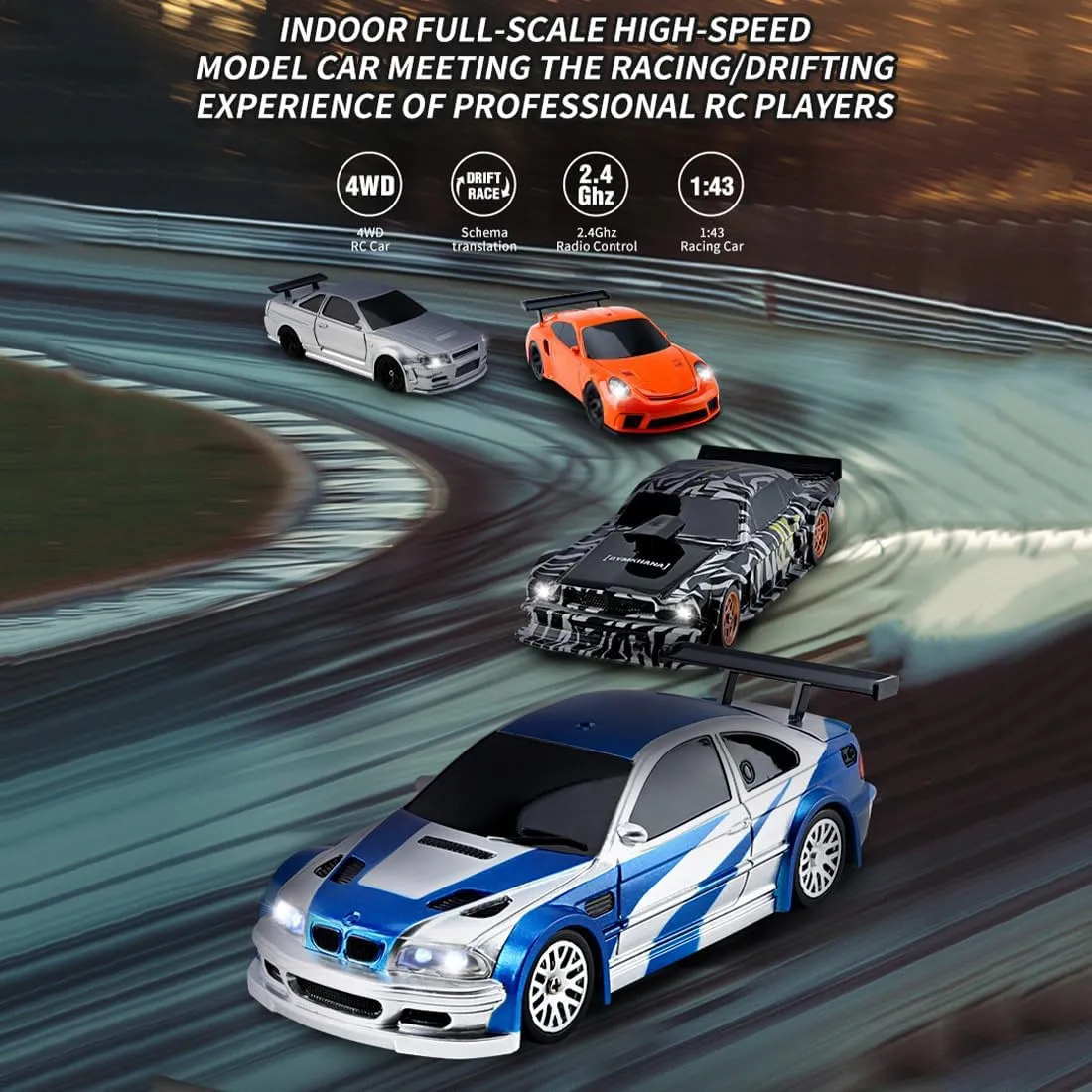HERR RC Electric Mini Racing Drift Car Model 1:43 Scale 2.4G Full Scale Linkage Light Set Max Speed 15km/h Indoor Mini RC Toys Hobbyist Gift Black White (RTR Version/Blue & White)