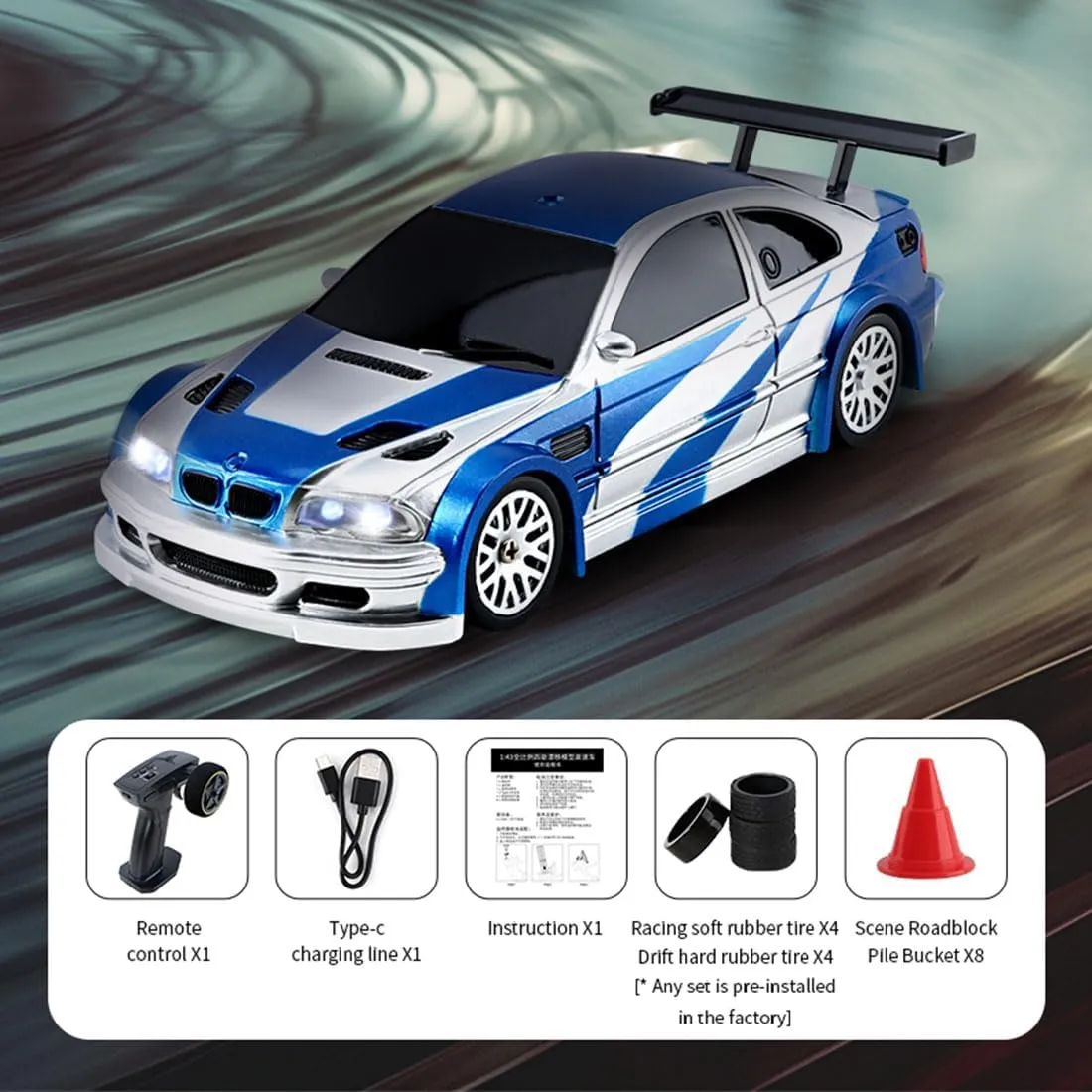 HERR RC Electric Mini Racing Drift Car Model 1:43 Scale 2.4G Full Scale Linkage Light Set Max Speed 15km/h Indoor Mini RC Toys Hobbyist Gift Black White (RTR Version/Blue & White)