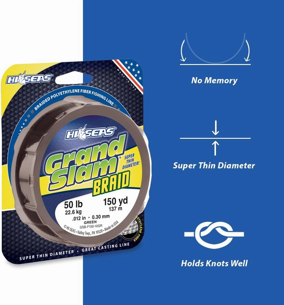 HI-SEAS Grand Slam Braid Fishing Line - No Stretch, Extra Thin, Ultimate Sensitive Braided Casting Line in Green & Fluorescent Yellow for Saltwater & Freshwater