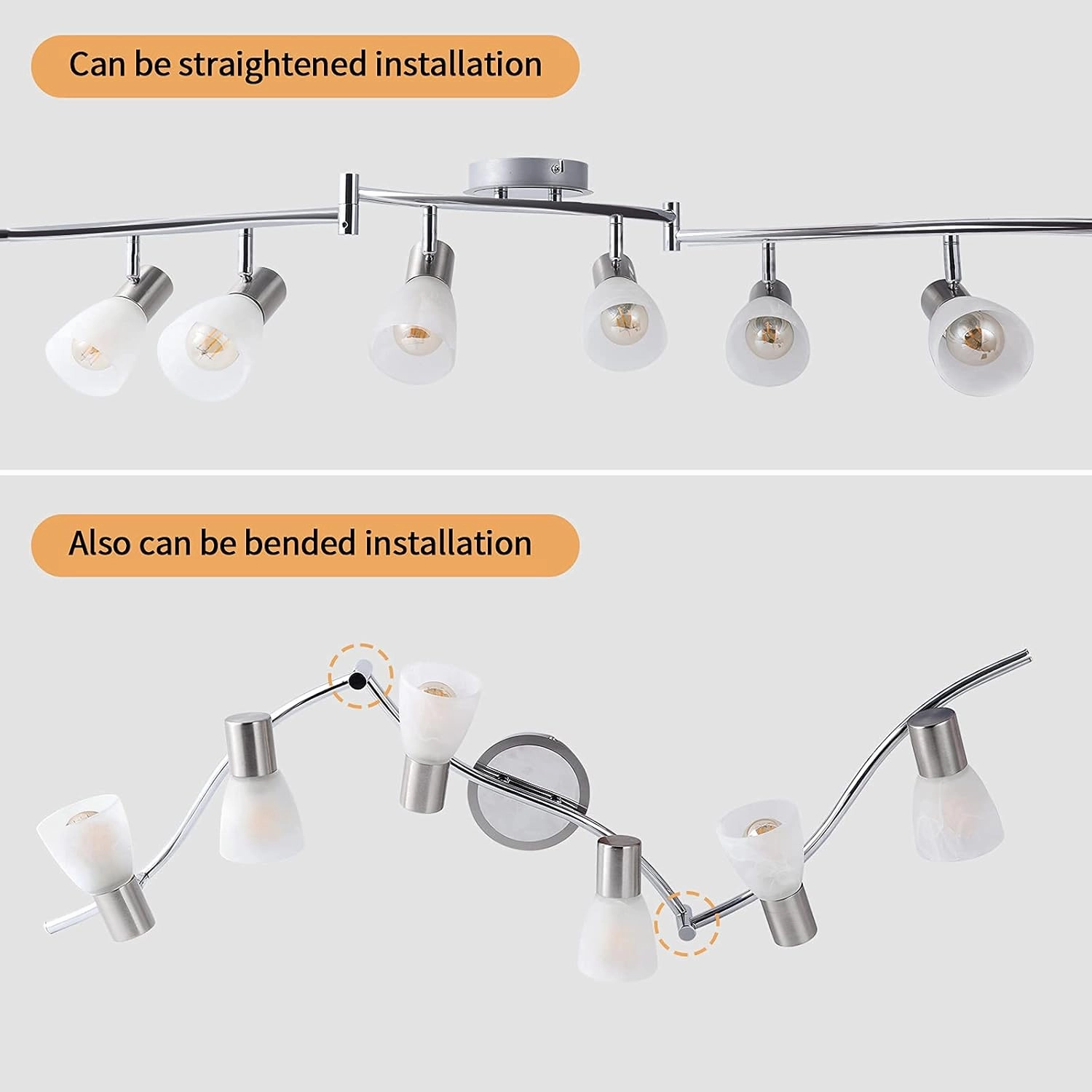 HiBay LED Ceiling Light Fixture, Adjustable 6-Light Track Lighting Kit, Modern Kitchen Spotlight with Glass Lampshade for Living Room Bedroom Hallway, E12 Base（Bulbs Not Included）
