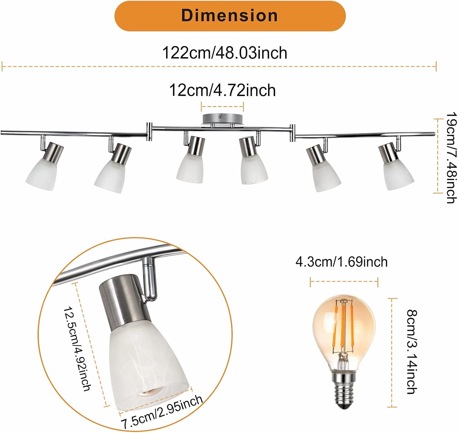 HiBay LED Ceiling Light Fixture, Adjustable 6-Light Track Lighting Kit, Modern Kitchen Spotlight with Glass Lampshade for Living Room Bedroom Hallway, E12 Base（Bulbs Not Included）
