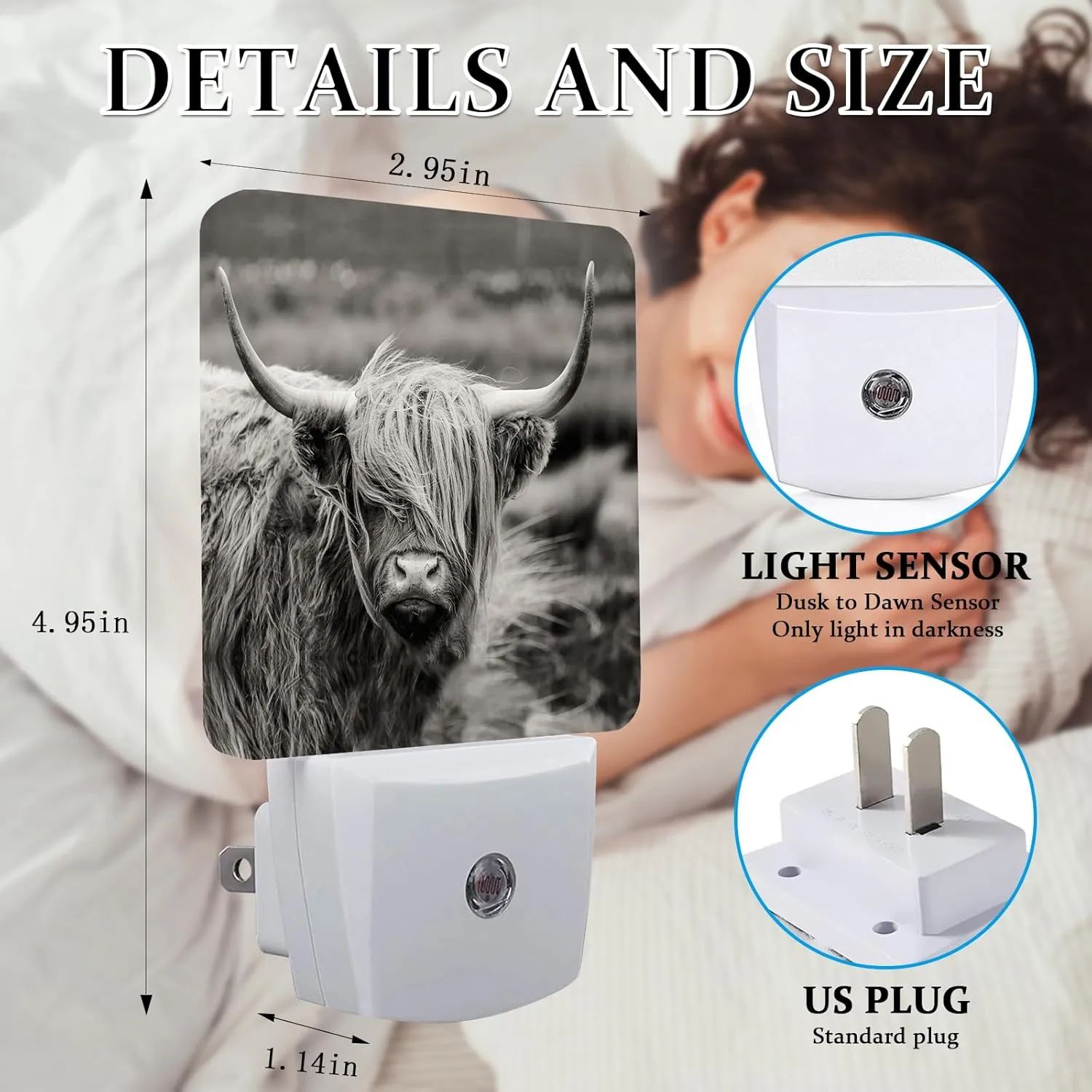 Highland Cow Night Light, Plug-into Wall Cows Nightlight Lamp with Dusk to Dawn Sensor, Led Lamp 0.5W Energy Efficient for Boys Girls Adults Home Decor