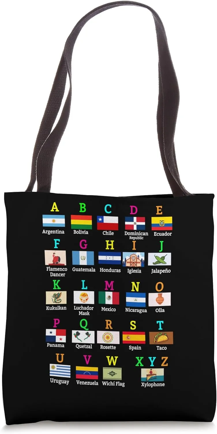 Hispanic Flags Alphabet For Teachers Educational Latin Flags Tote Bag