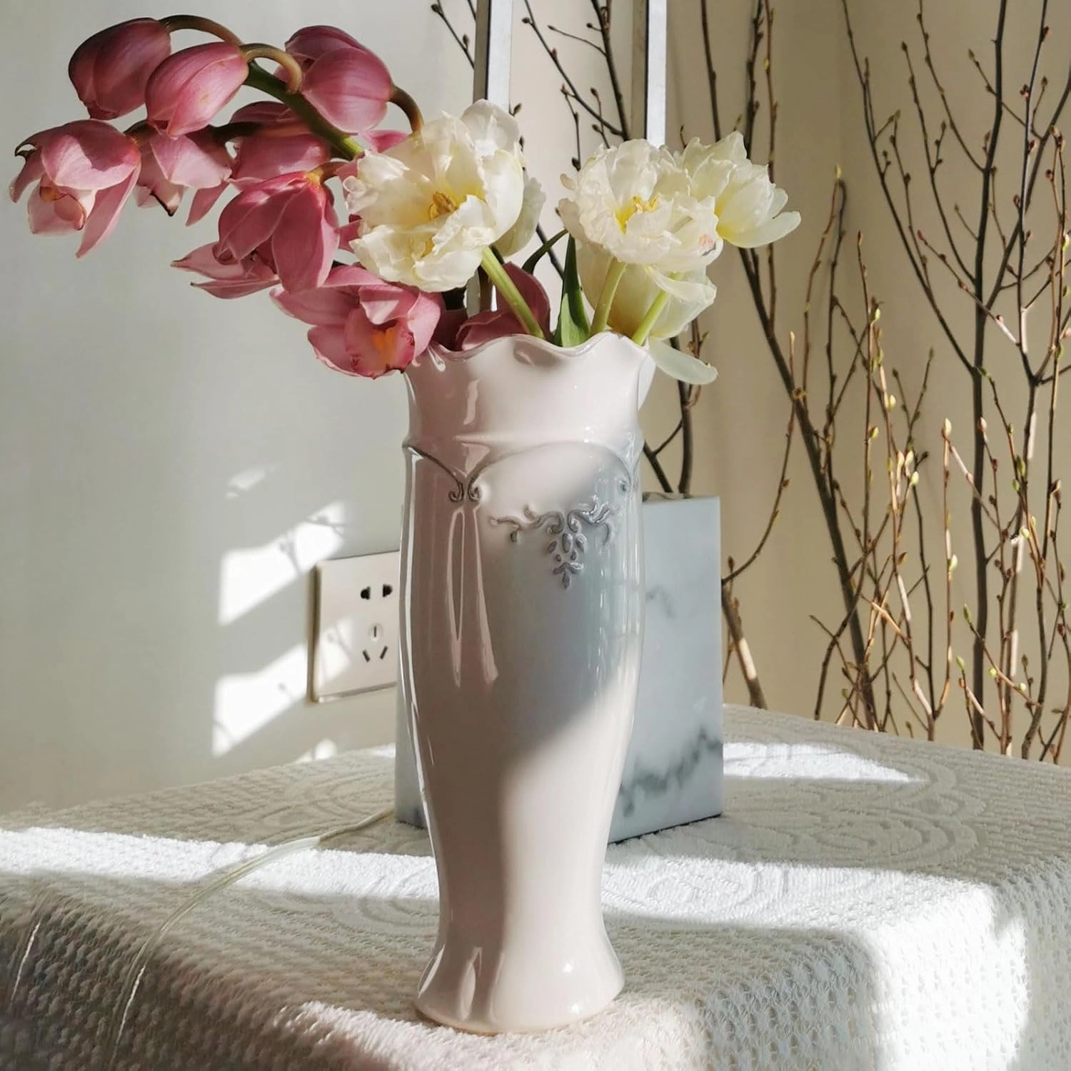 hjn White Vase for Flowers, Ceramic vase for Home Decor French Rustic Vase for Kitchen/Table/Living Room/Shelf/Mantel/Office-Height-11.6"
