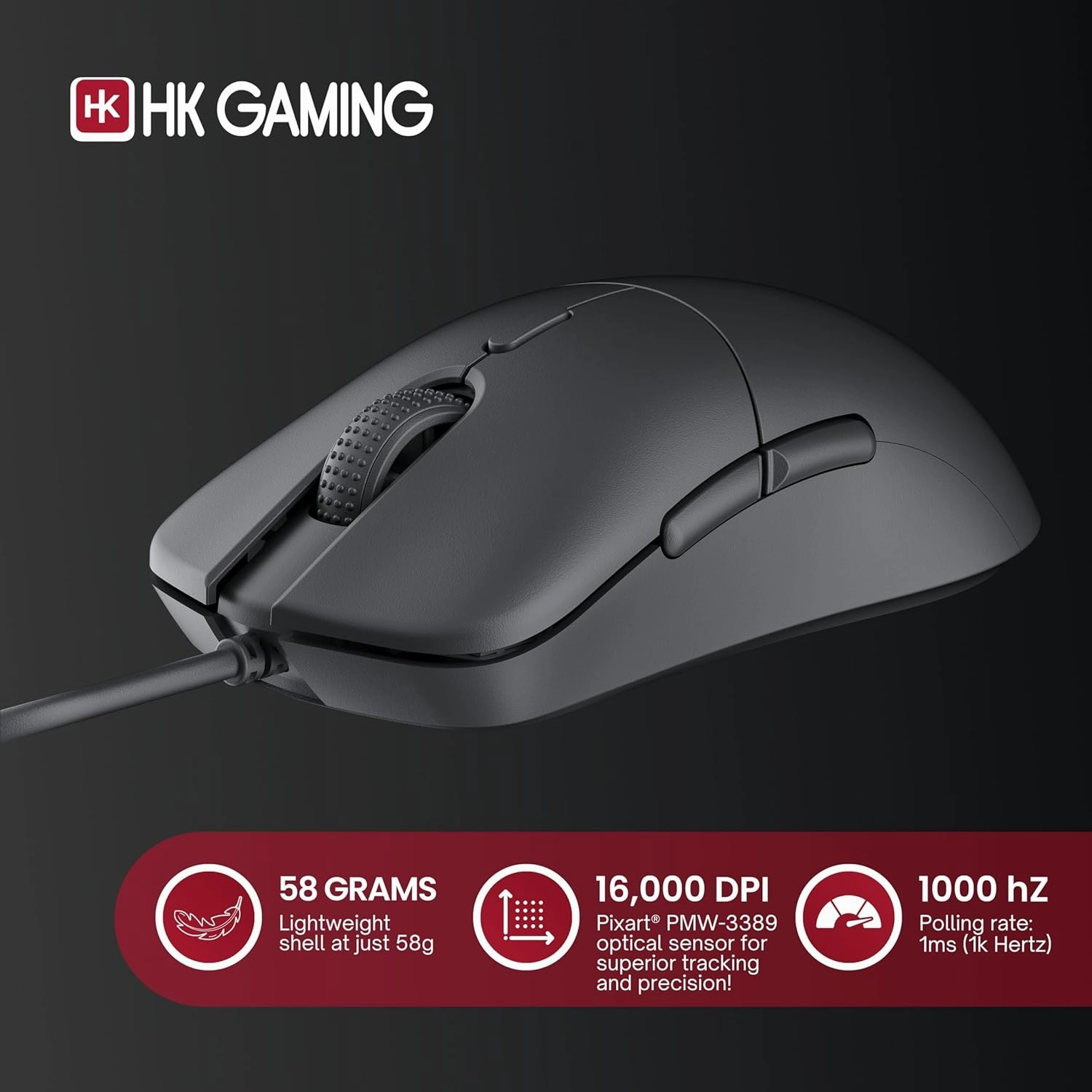 HK GAMING Mira XM1 Ultra Lightweight Gaming Mouse | 58 Grams | max 16000 cpi | 1kHz USB Wired | 6 Buttons | Anti Slip Grips (Black)