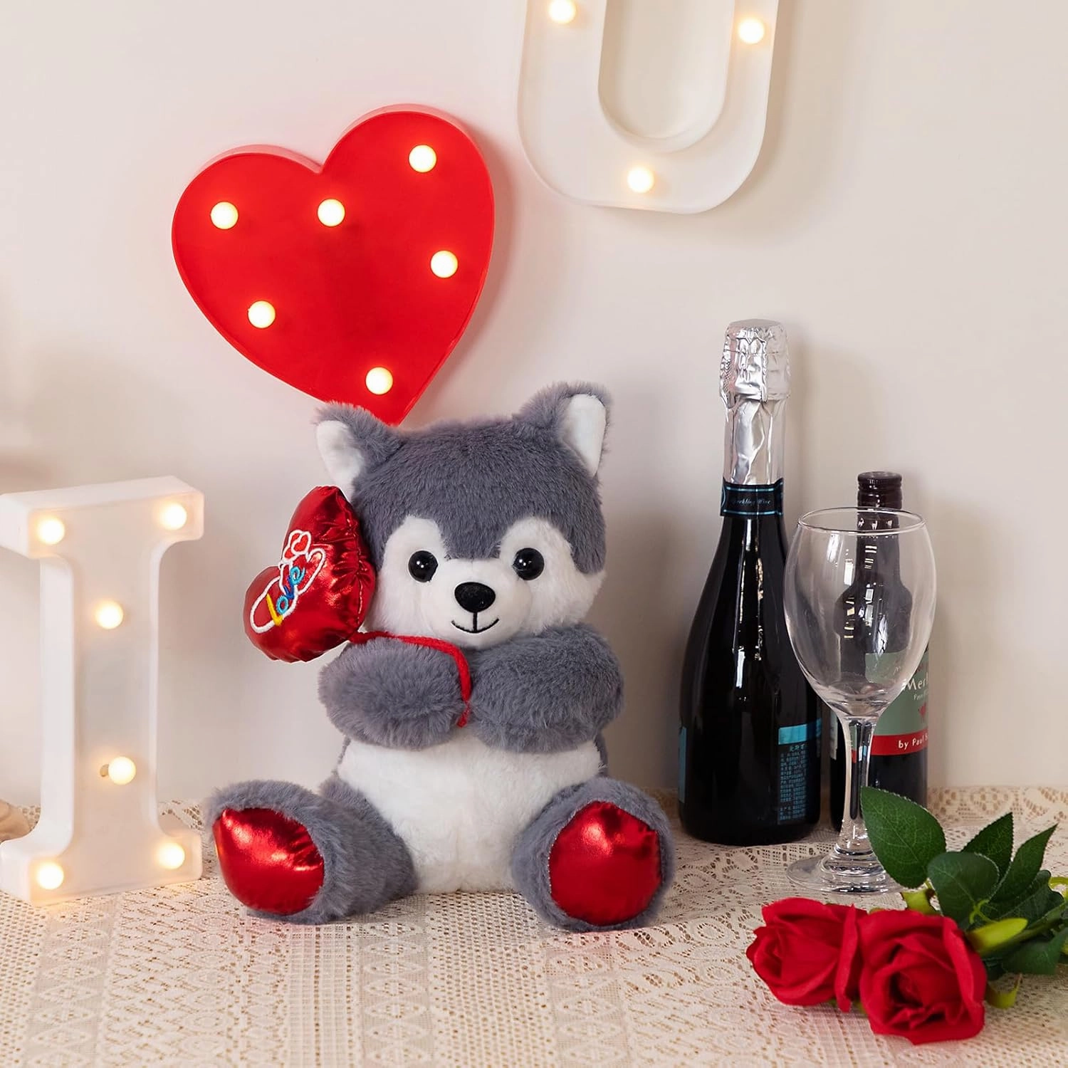 HollyHOME Husky Stuffed Animal Husky Plush Holding Red Love Balloon for Kids and Girlfriend Toy Gifts 10 inches