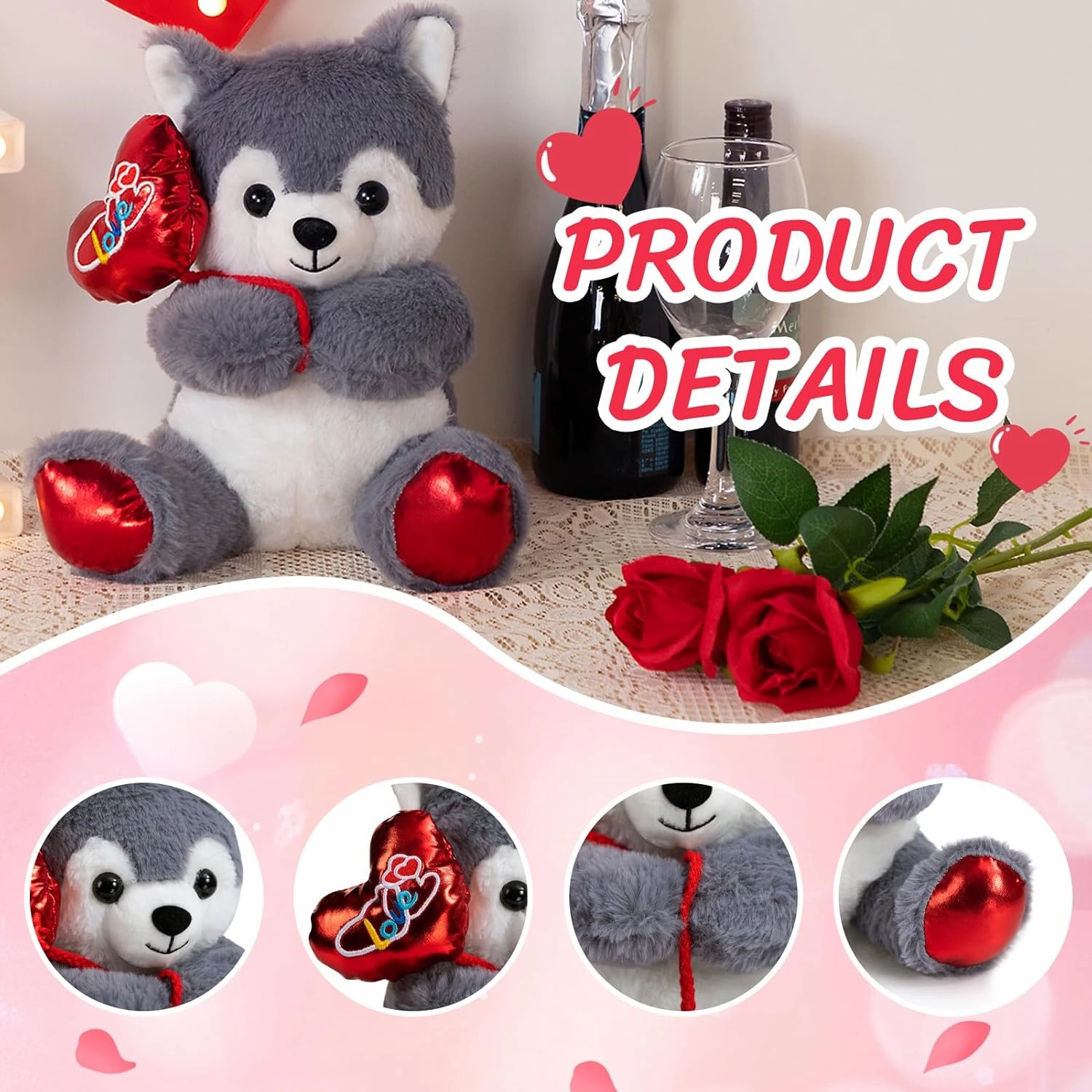 HollyHOME Husky Stuffed Animal Husky Plush Holding Red Love Balloon for Kids and Girlfriend Toy Gifts 10 inches