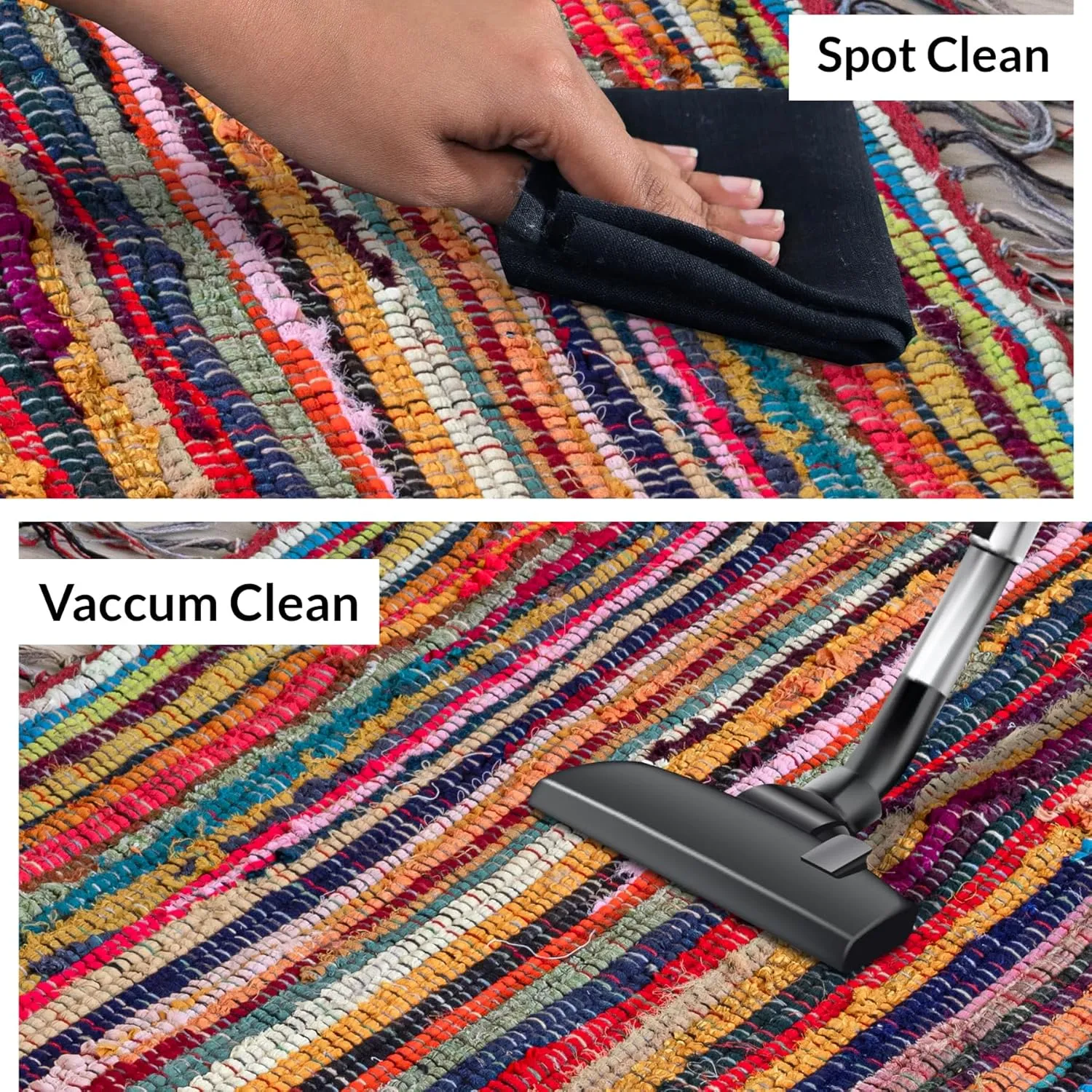HOMEMONDE Bohemian Chindi Rag Rug with Fringes | 3'x5' ft Reversible Hand-Braided Cotton Recycled Area Rug | Colorful Living Room, Bedroom, Kitchen & Décor