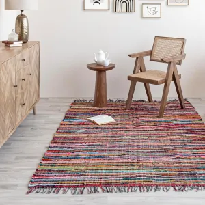 HOMEMONDE Bohemian Chindi Rag Rug with Fringes | 3'x5' ft Reversible Hand-Braided Cotton Recycled Area Rug | Colorful Living Room, Bedroom, Kitchen & Décor