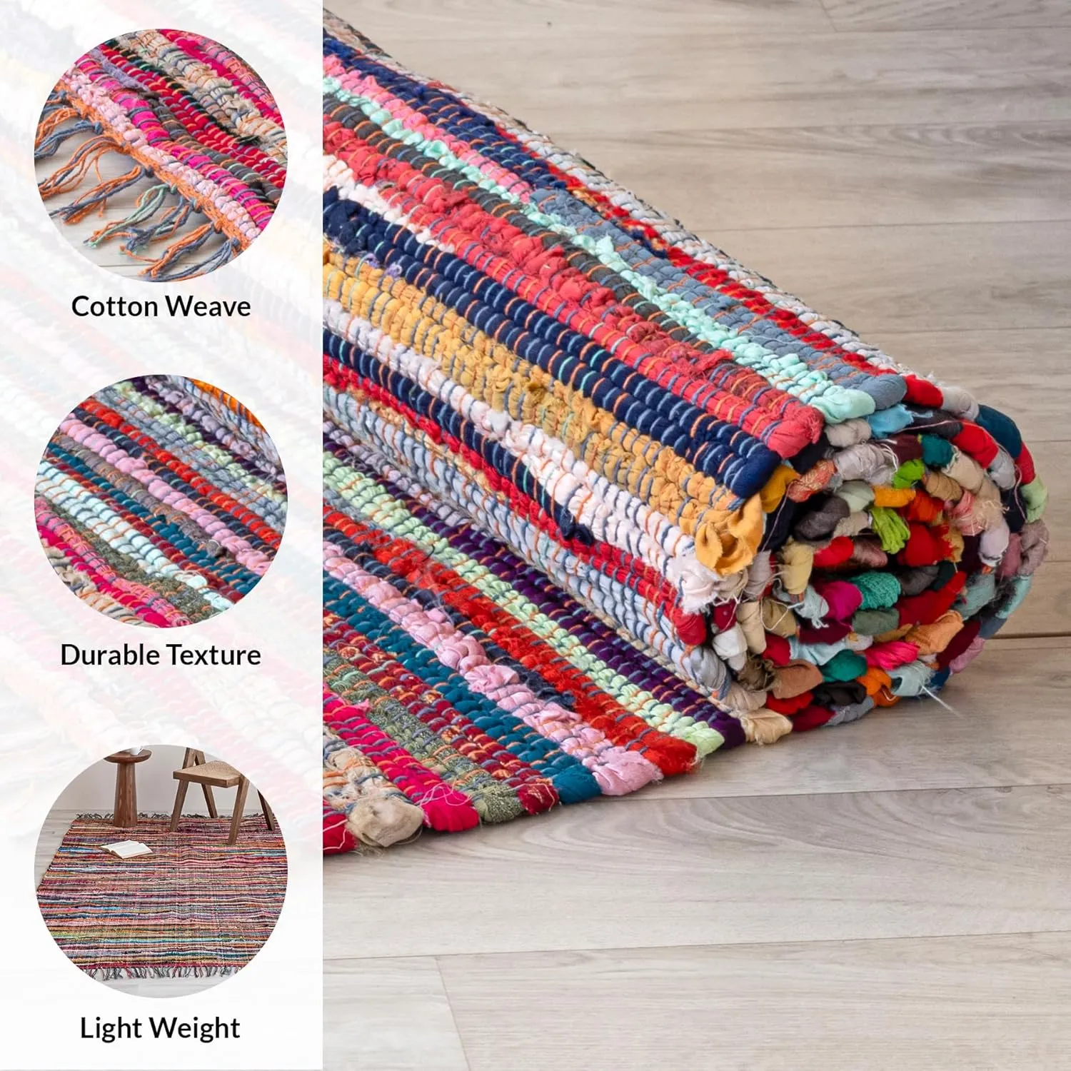 HOMEMONDE Bohemian Chindi Rag Rug with Fringes | 3'x5' ft Reversible Hand-Braided Cotton Recycled Area Rug | Colorful Living Room, Bedroom, Kitchen & Décor