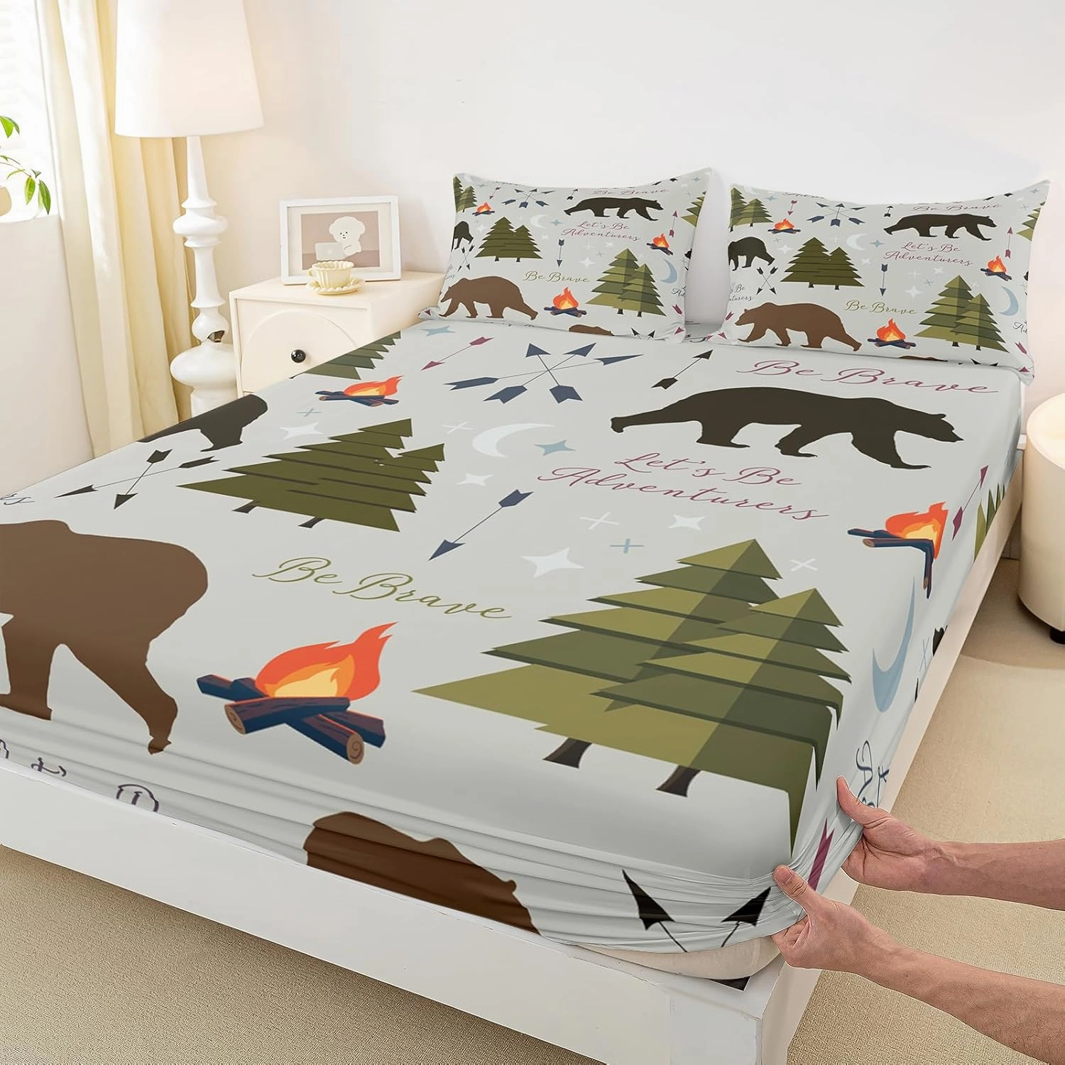 Homewish Happy Camping Fitted Sheet Twin Size Hunt Bear Pine Trees Bedding Set for Kids Boys Men Adults Cabin Room Decor Campfire Arrow Cartoon Bed Sheet Wild Outdoor Adventure Deep Pocket Sheet 2pcs
