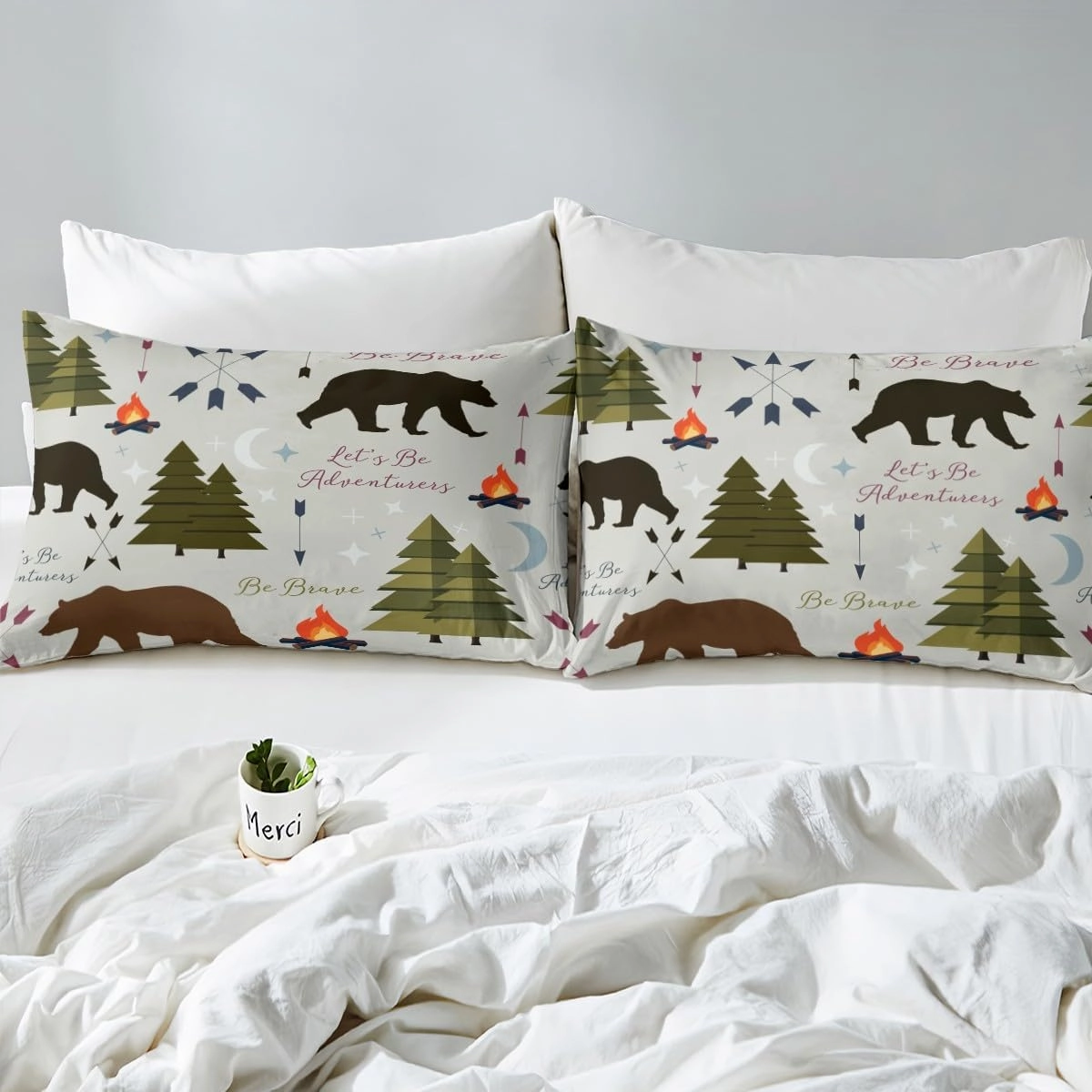 Homewish Happy Camping Fitted Sheet Twin Size Hunt Bear Pine Trees Bedding Set for Kids Boys Men Adults Cabin Room Decor Campfire Arrow Cartoon Bed Sheet Wild Outdoor Adventure Deep Pocket Sheet 2pcs