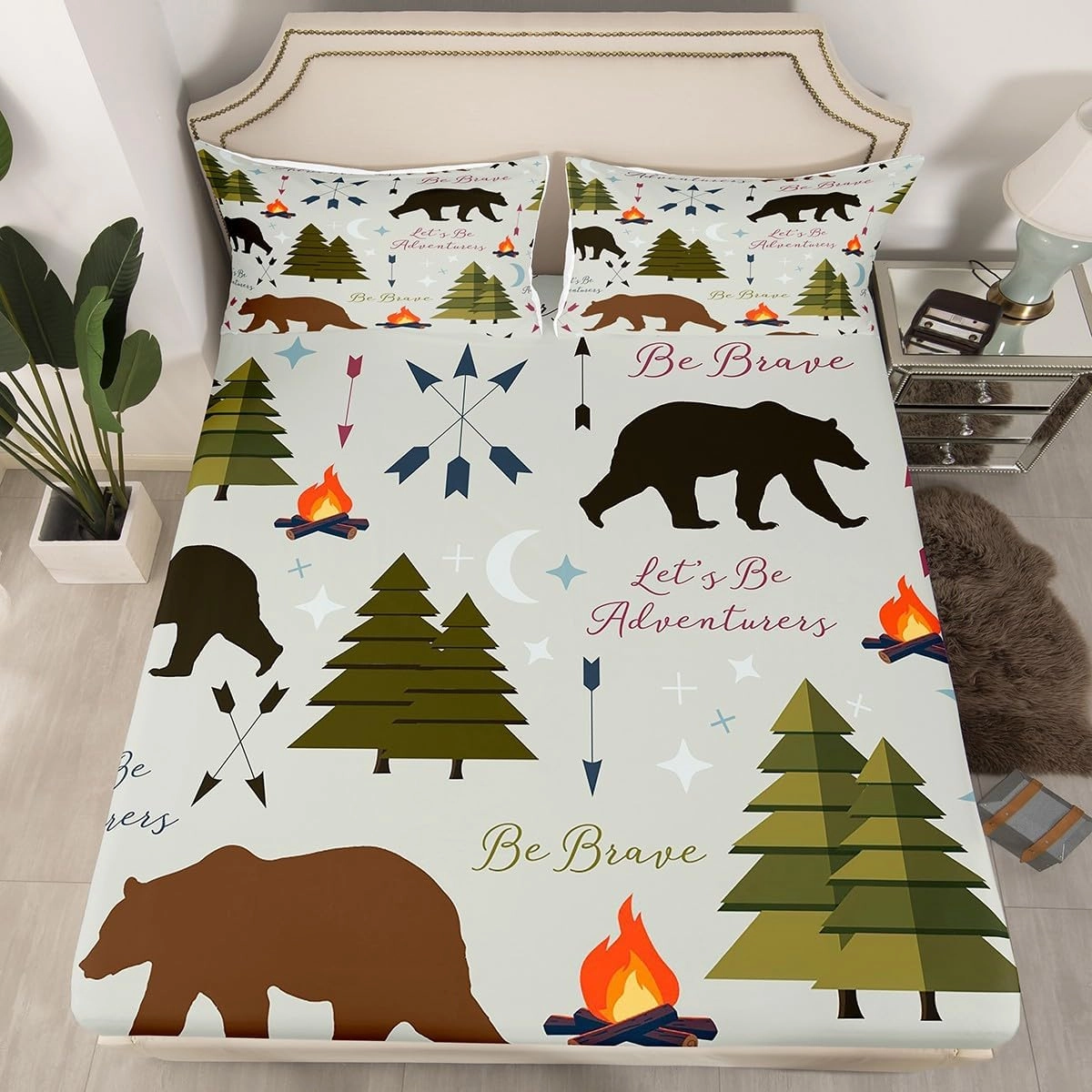 Homewish Happy Camping Fitted Sheet Twin Size Hunt Bear Pine Trees Bedding Set for Kids Boys Men Adults Cabin Room Decor Campfire Arrow Cartoon Bed Sheet Wild Outdoor Adventure Deep Pocket Sheet 2pcs