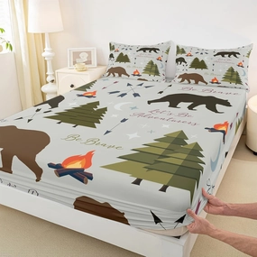 Homewish Happy Camping Fitted Sheet Twin Size Hunt Bear Pine Trees Bedding Set for Kids Boys Men Adults Cabin Room Decor Campfire Arrow Cartoon Bed Sheet Wild Outdoor Adventure Deep Pocket Sheet 2pcs