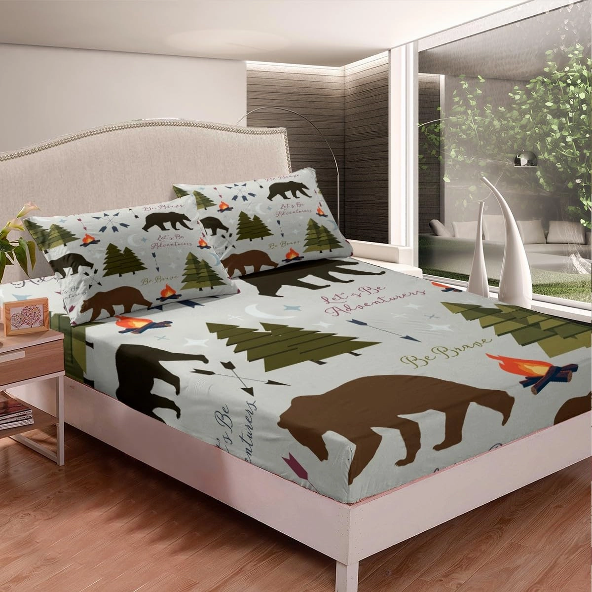 Homewish Happy Camping Fitted Sheet Twin Size Hunt Bear Pine Trees Bedding Set for Kids Boys Men Adults Cabin Room Decor Campfire Arrow Cartoon Bed Sheet Wild Outdoor Adventure Deep Pocket Sheet 2pcs