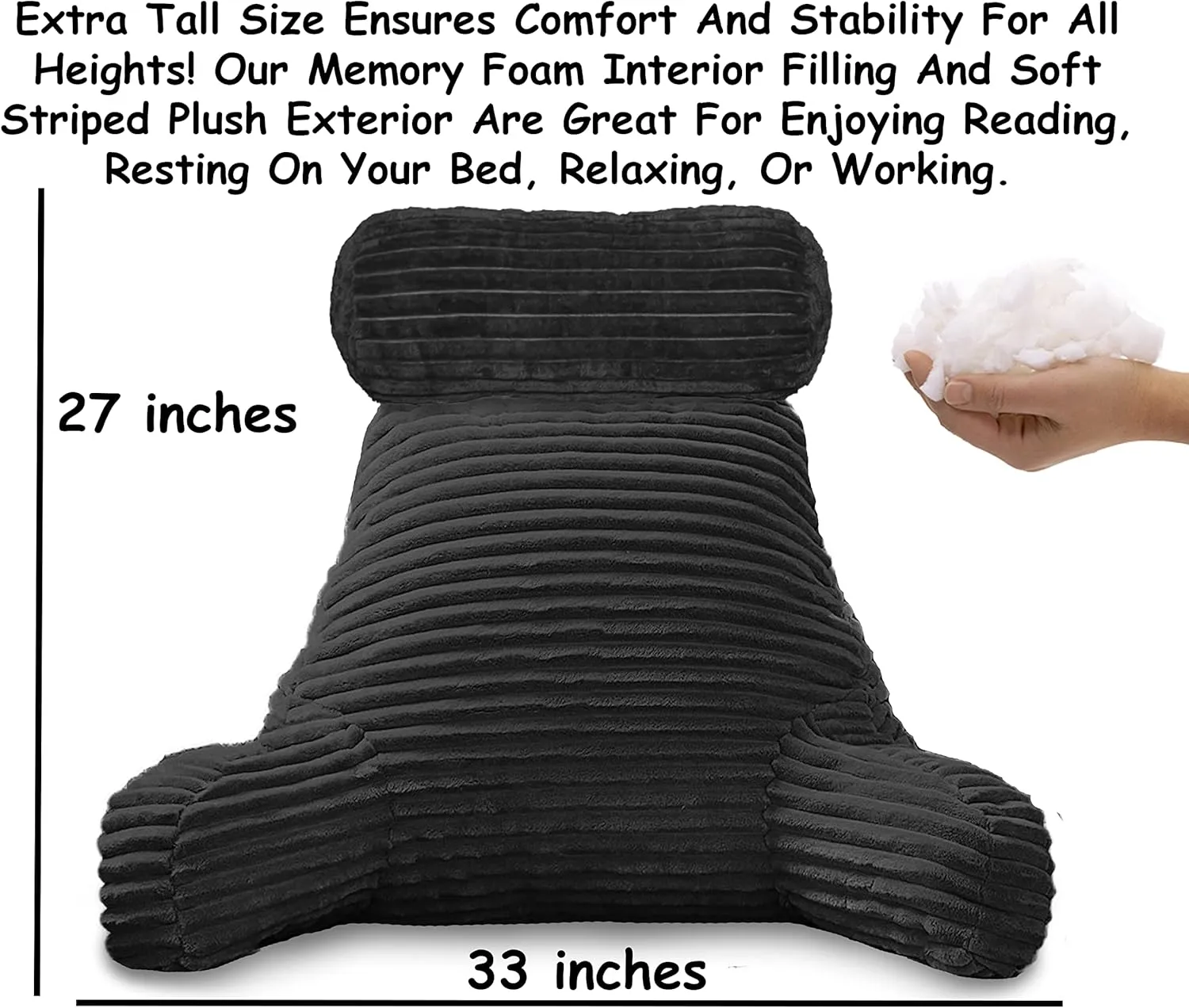 Homie Reading Pillow with Reading Light and Wrist Support, Has Arm Rests, and Back Support for Bed Rest, Lounging, Reading, Working on Laptop, Watching TV (Large, Black)
