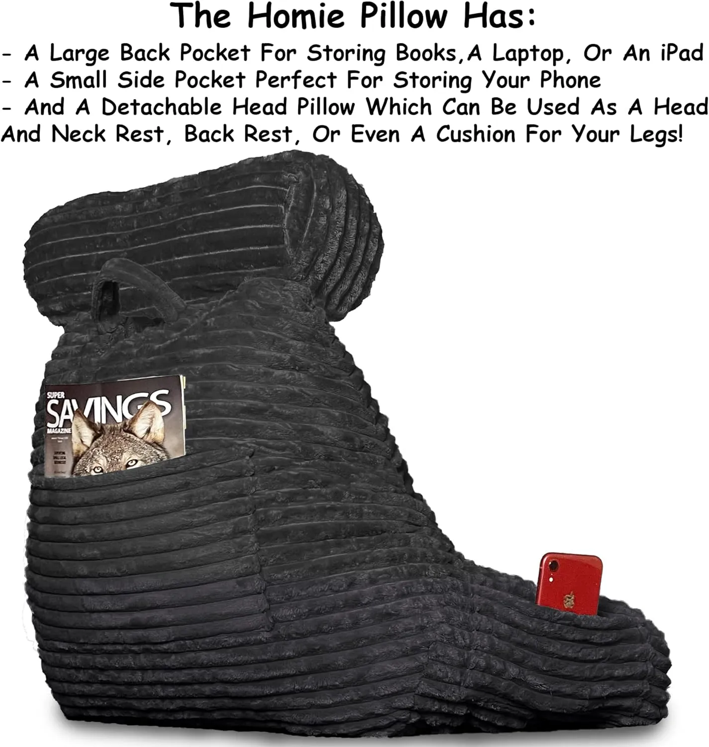 Homie Reading Pillow with Reading Light and Wrist Support, Has Arm Rests, and Back Support for Bed Rest, Lounging, Reading, Working on Laptop, Watching TV (Large, Black)