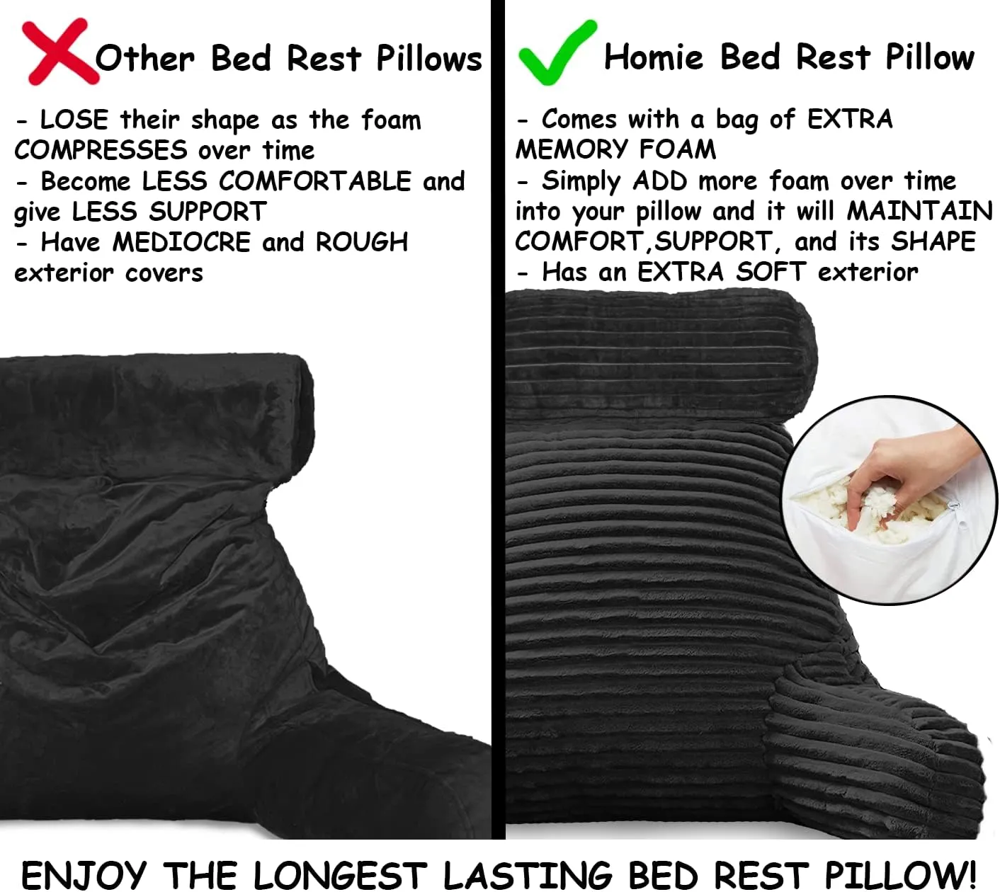 Homie Reading Pillow with Reading Light and Wrist Support, Has Arm Rests, and Back Support for Bed Rest, Lounging, Reading, Working on Laptop, Watching TV (Large, Black)