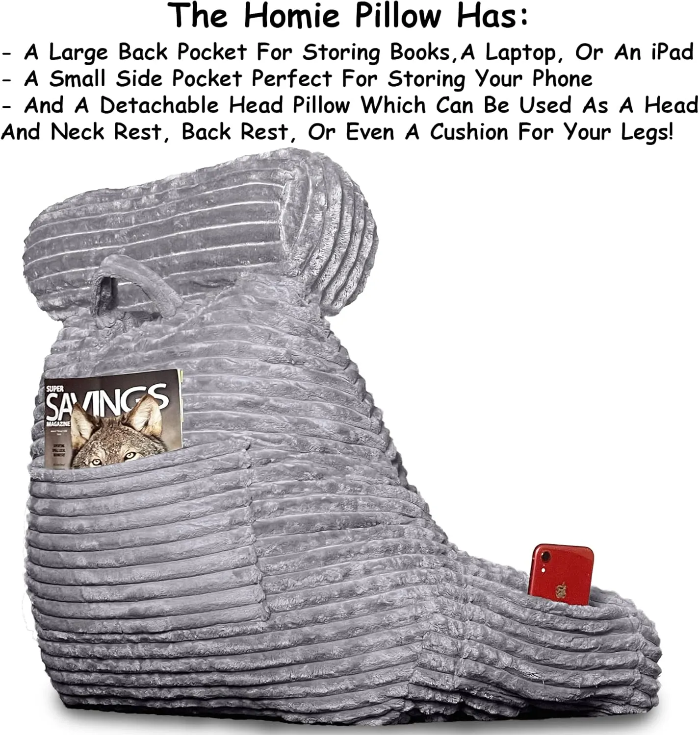 Homie Reading Pillow with Reading Light and Wrist Support, Has Arm Rests, and Back Support for Bed Rest, Lounging, Reading, Working on Laptop, Watching TV (Large, Gray)
