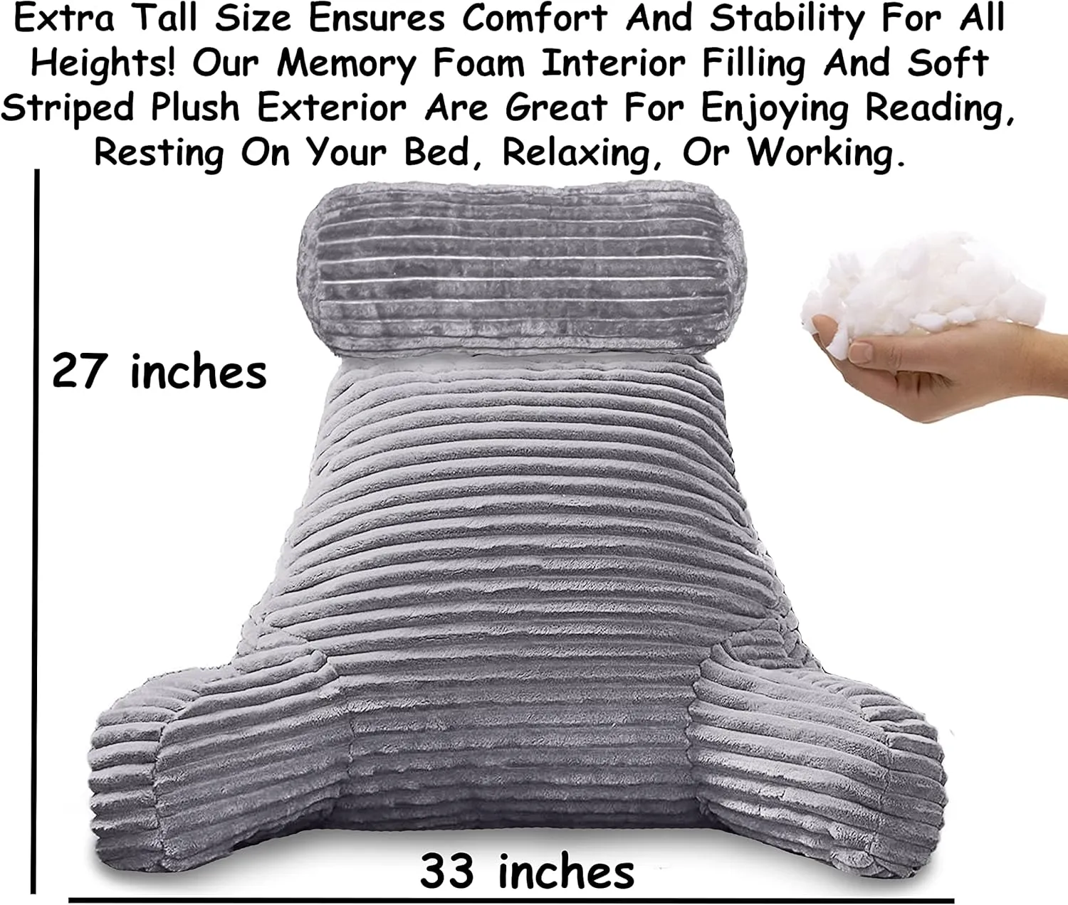 Homie Reading Pillow with Reading Light and Wrist Support, Has Arm Rests, and Back Support for Bed Rest, Lounging, Reading, Working on Laptop, Watching TV (Large, Gray)