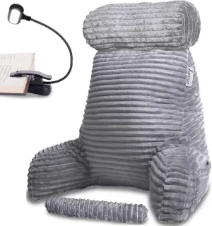 Homie Reading Pillow with Reading Light and Wrist Support, Has Arm Rests, and Back Support for Bed Rest, Lounging, Reading, Working on Laptop, Watching TV (Large, Gray)