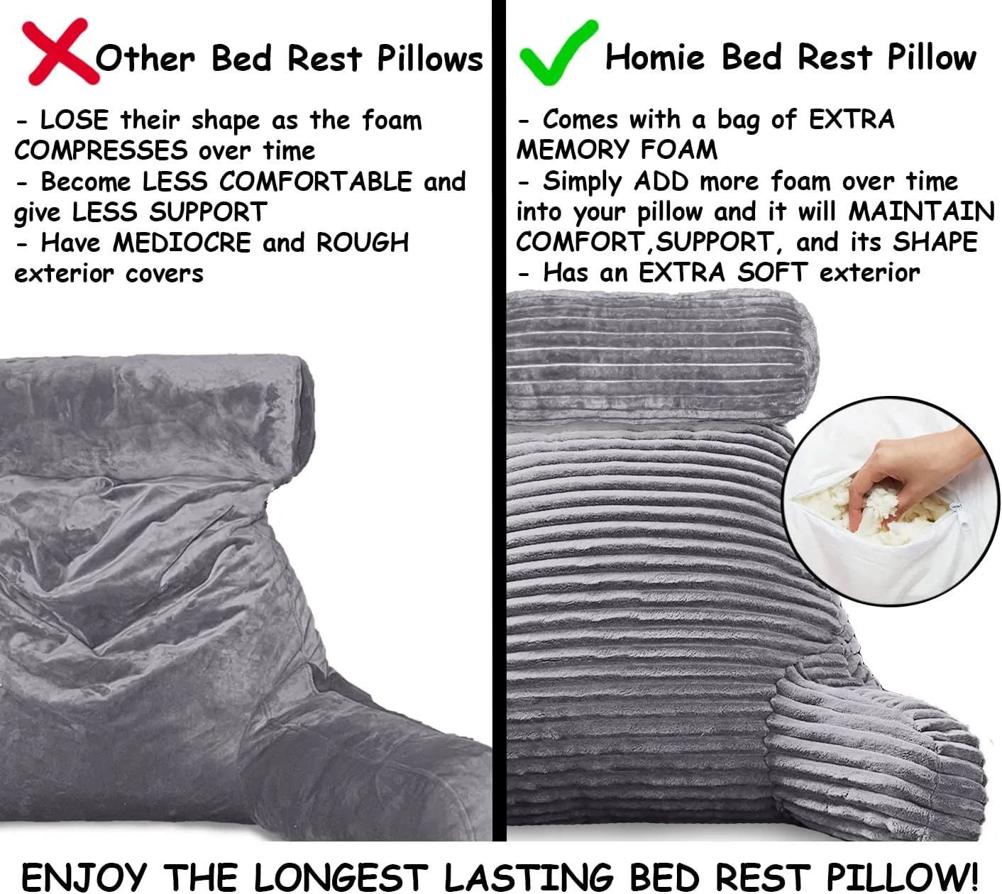 Homie Reading Pillow with Reading Light and Wrist Support, Has Arm Rests, and Back Support for Bed Rest, Lounging, Reading, Working on Laptop, Watching TV (Large, Gray)