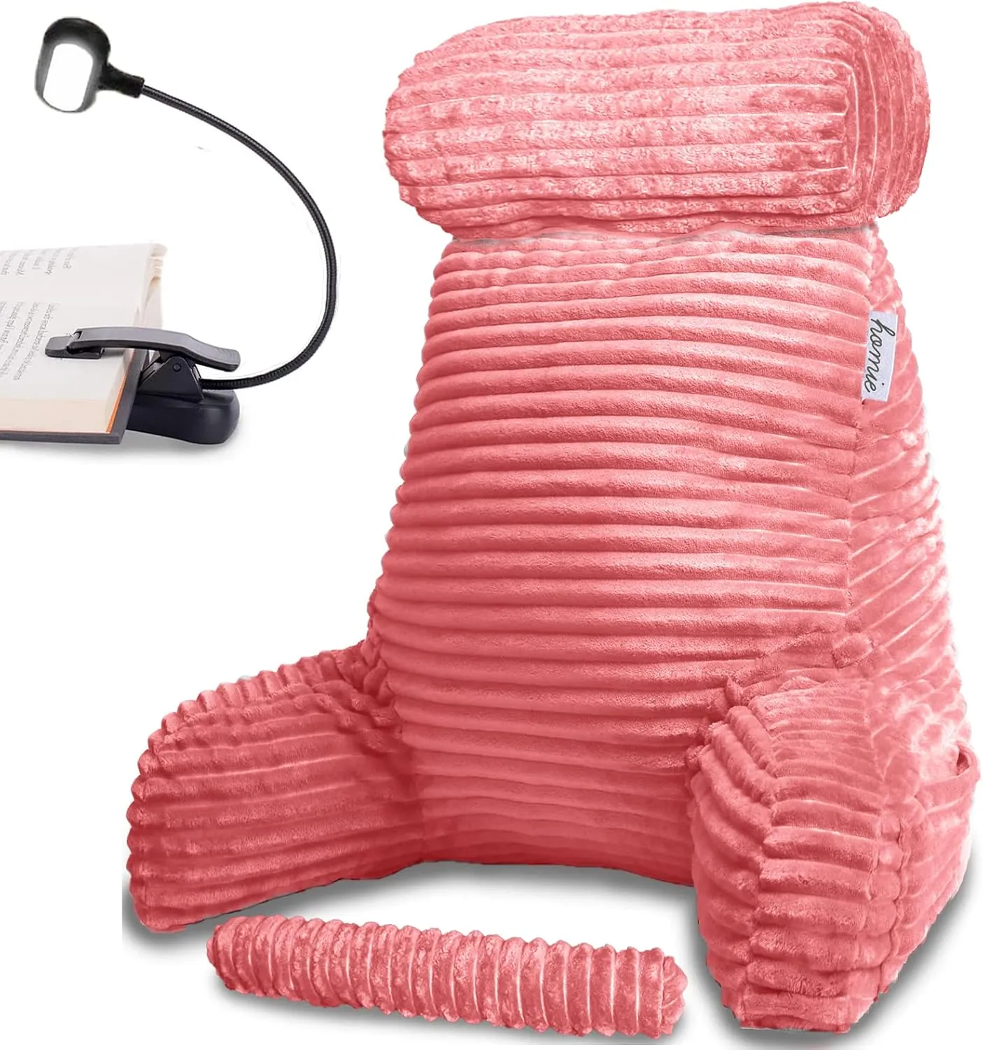 Homie Reading Pillow with Reading Light and Wrist Support, Has Arm Rests, and Back Support for Bed Rest, Lounging, Reading, Working on Laptop, Watching TV (Large, Pink)