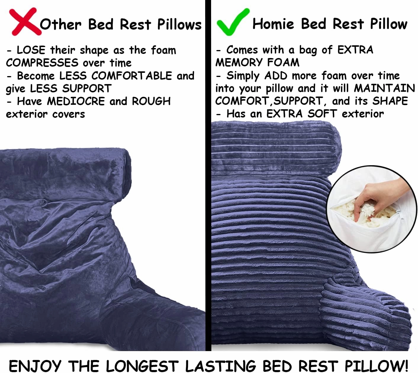 Homie Reading Pillow with Reading Light and Wrist Support, Has Arm Rests, and Back Support for Bed Rest, Lounging, Reading, Working on Laptop, Watching TV (Large, Blue)