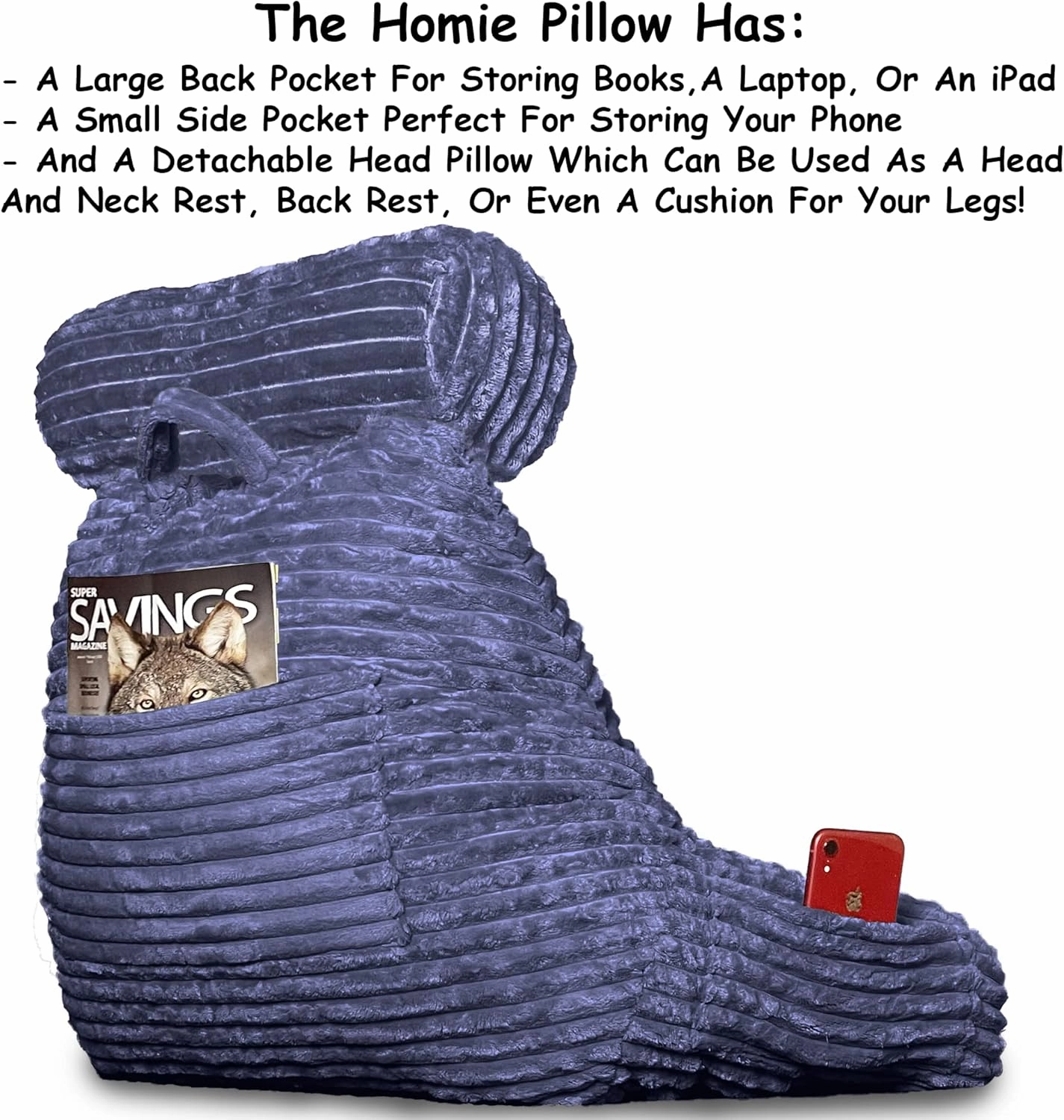 Homie Reading Pillow with Reading Light and Wrist Support, Has Arm Rests, and Back Support for Bed Rest, Lounging, Reading, Working on Laptop, Watching TV (Large, Blue)