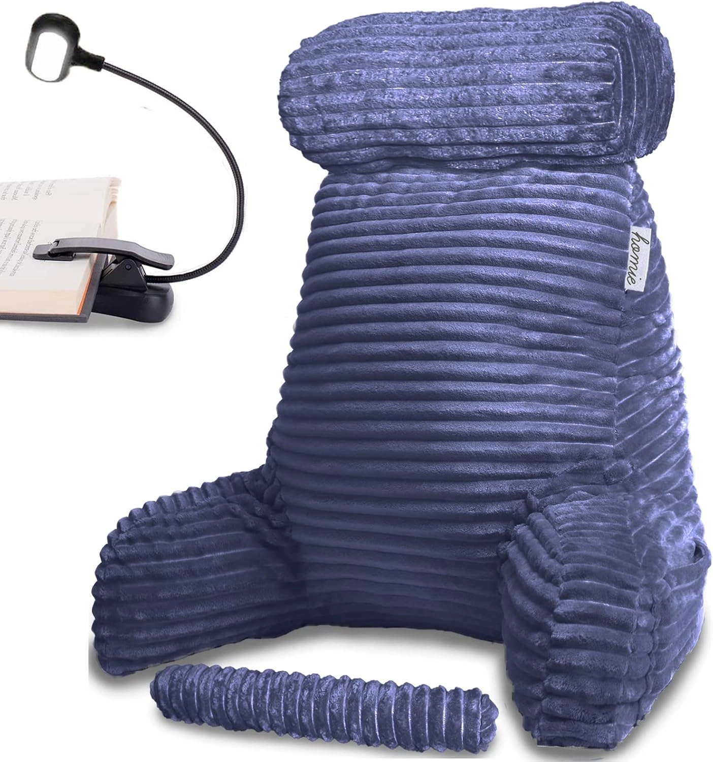 Homie Reading Pillow with Reading Light and Wrist Support, Has Arm Rests, and Back Support for Bed Rest, Lounging, Reading, Working on Laptop, Watching TV (Large, Blue)