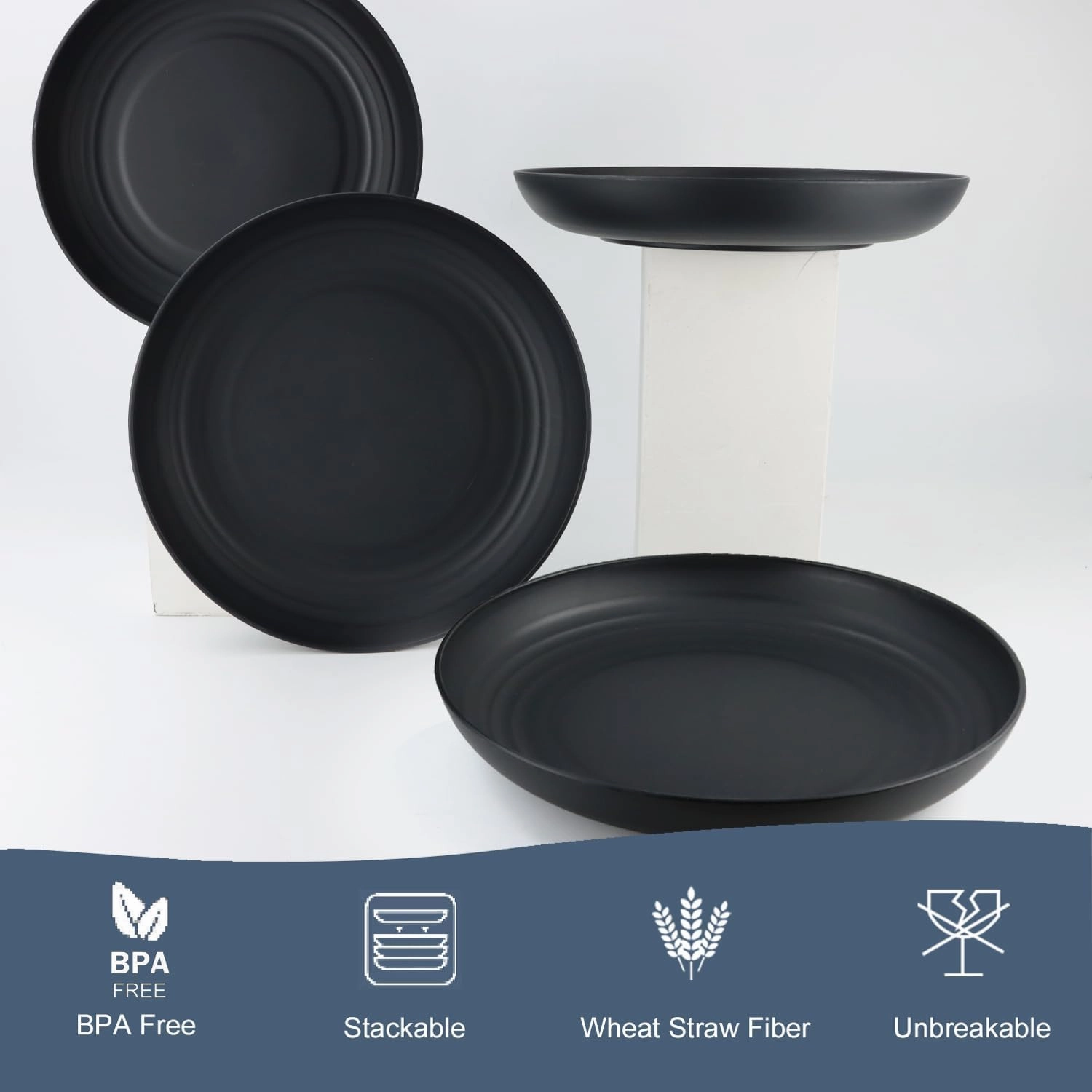 Homienly Deep Dinner Plates Set of 12 - Alternative to Plastic - Microwave & Dishwasher Safe - Wheat Straw - Unbreakable - Kids Plates (Black, 10 inch)