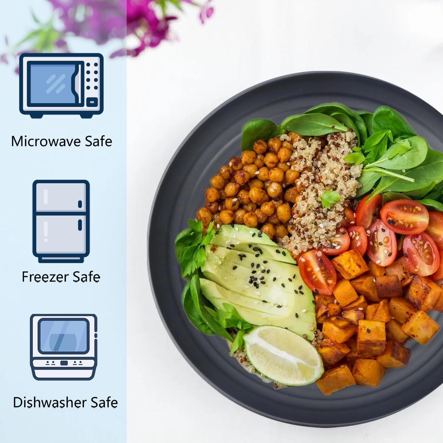 Homienly Deep Dinner Plates Set of 12 - Alternative to Plastic - Microwave & Dishwasher Safe - Wheat Straw - Unbreakable - Kids Plates (Black, 10 inch)