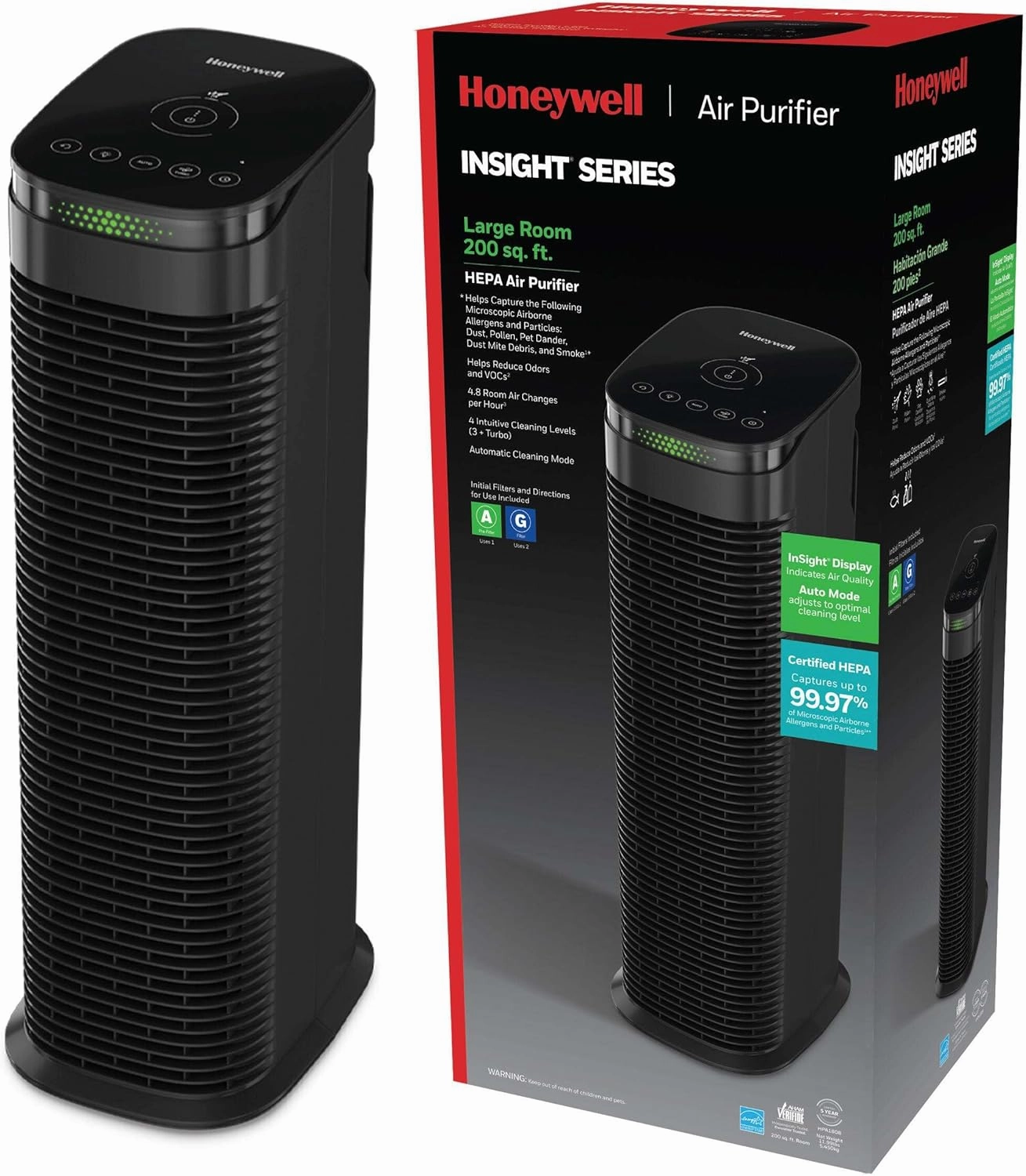 Honeywell InSight HEPA Air Purifier with Air Quality Indicator and Auto Mode, Large Rooms, Bedrooms, Home (200 sq. ft), Black - Reduces Airborne Allergens, Smoke, Dust, Pollen, Pet Dander, HPA180B