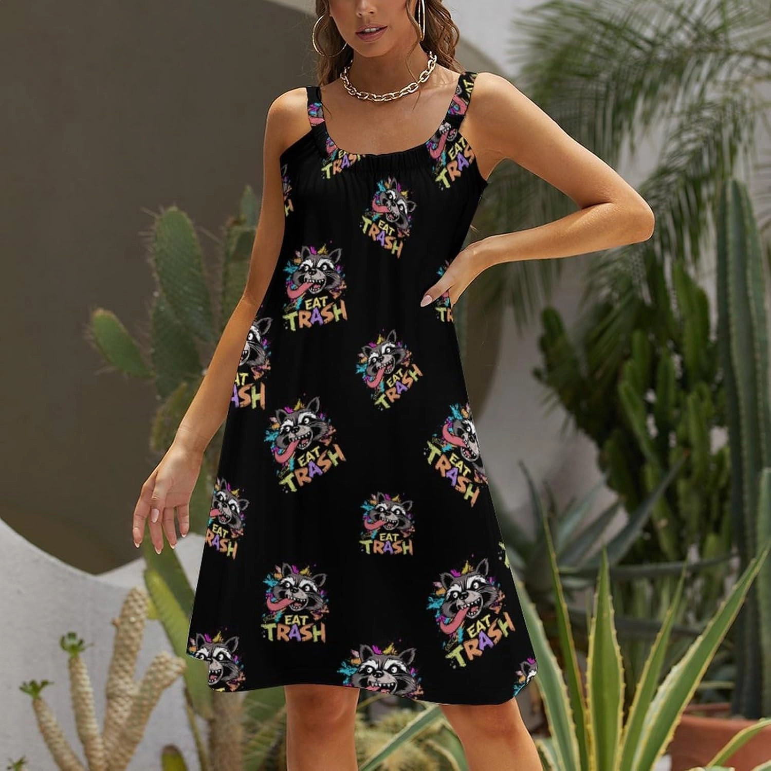 Hooligan Raccoon Eat Garbage Spaghetti Strap Dresses for Women Sleeveless Plus Size Loose Midi Beach Vacation Dress