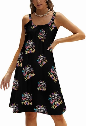 Hooligan Raccoon Eat Garbage Spaghetti Strap Dresses for Women Sleeveless Plus Size Loose Midi Beach Vacation Dress