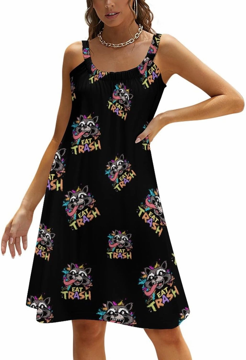 Hooligan Raccoon Eat Garbage Spaghetti Strap Dresses for Women Sleeveless Plus Size Loose Midi Beach Vacation Dress