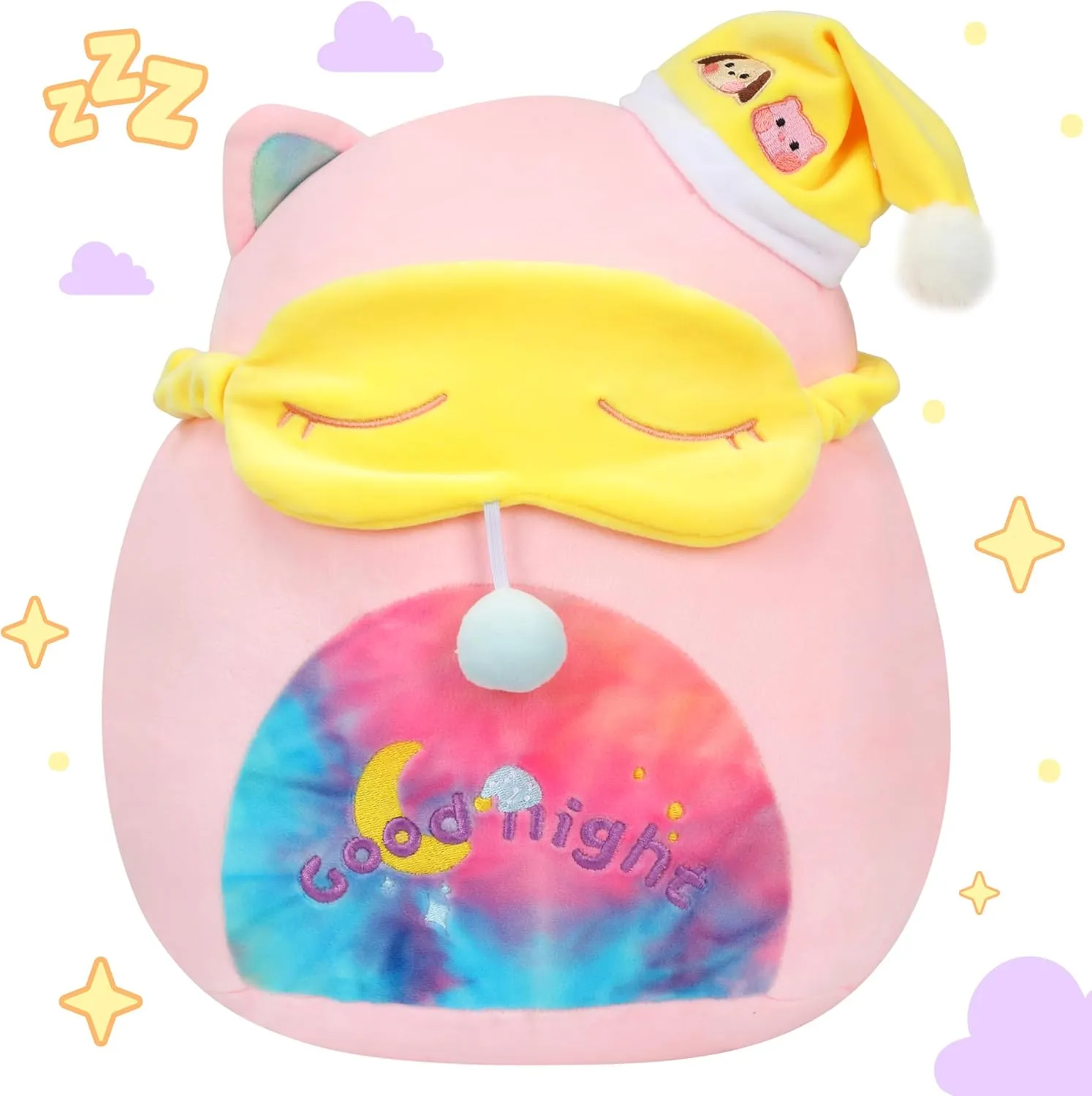 Hopearl 12'' Sweety-Sleepy Kitty Plush Toy, Good Night Stuffed Animal with Eye Patch, Smooth Plushies Pillow, Kawaii Anime Cute Cat Soft Toy, Pink