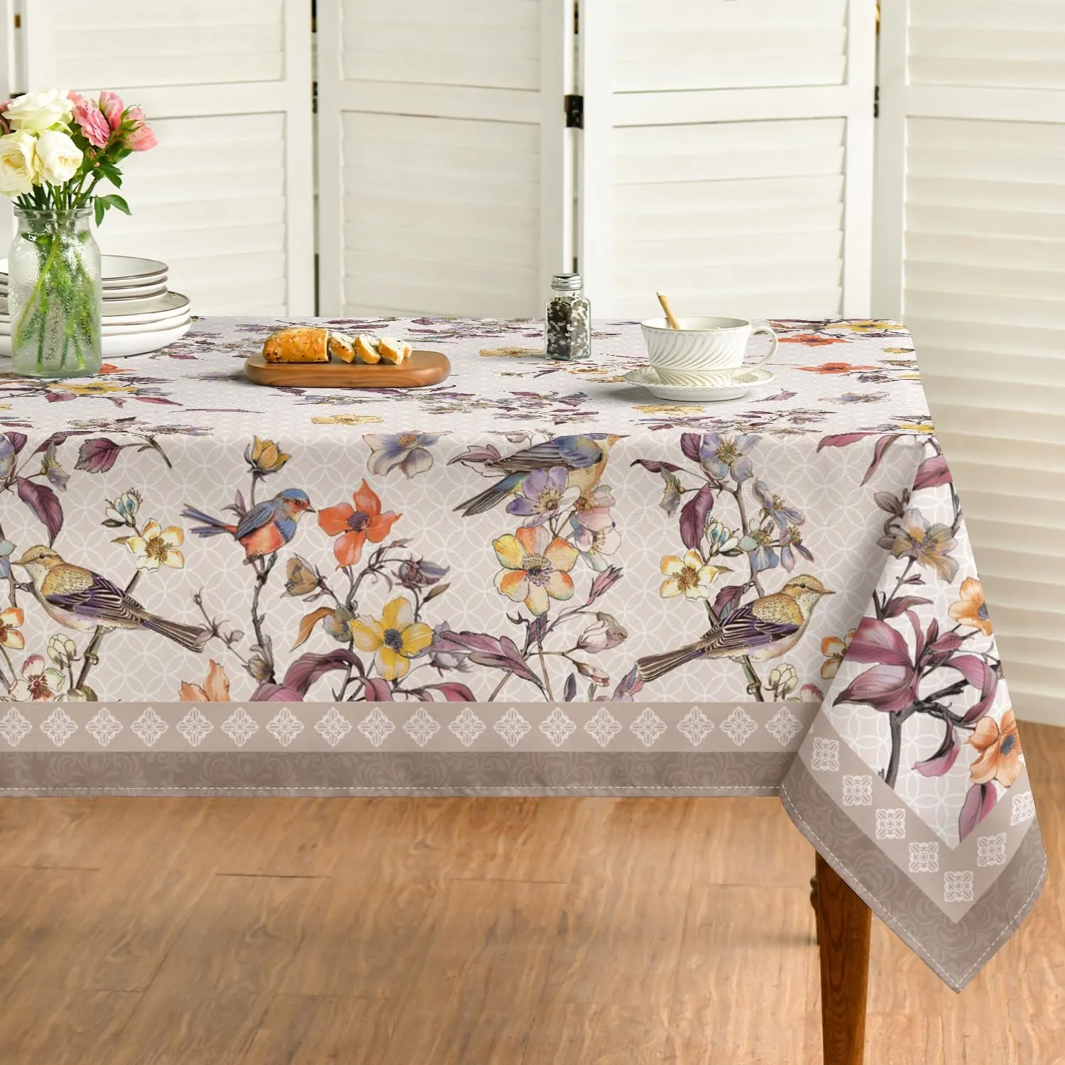 Horaldaily Floral Bordered French Tablecloth 60x84 Inch Rectangular, Pink Flowers Birds Leaves Washable Seasonal Table Cover for Party Picnic Dinner Decor