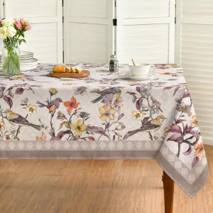 Horaldaily Floral Bordered French Tablecloth 60x84 Inch Rectangular, Pink Flowers Birds Leaves Washable Seasonal Table Cover for Party Picnic Dinner Decor