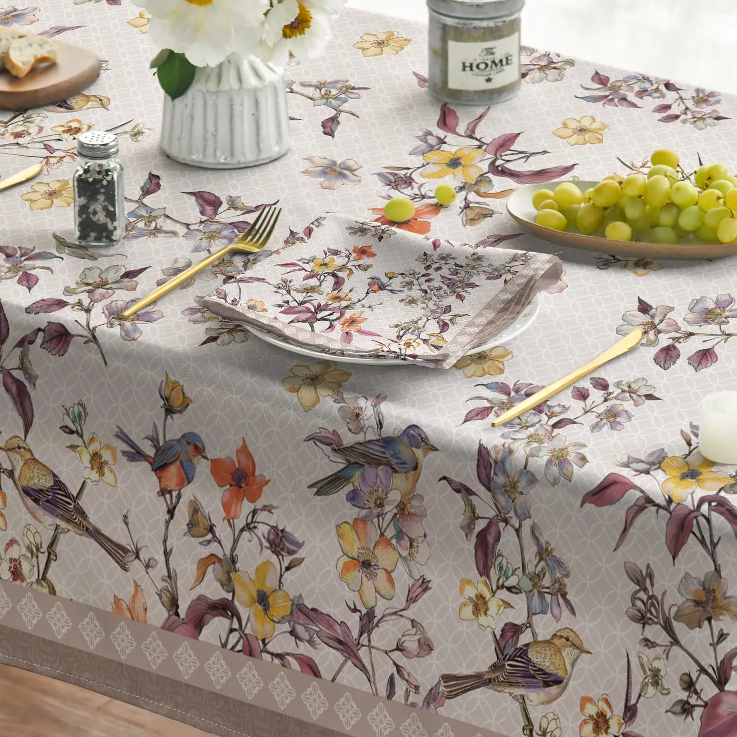 Horaldaily Floral Bordered French Tablecloth 60x84 Inch Rectangular, Pink Flowers Birds Leaves Washable Seasonal Table Cover for Party Picnic Dinner Decor