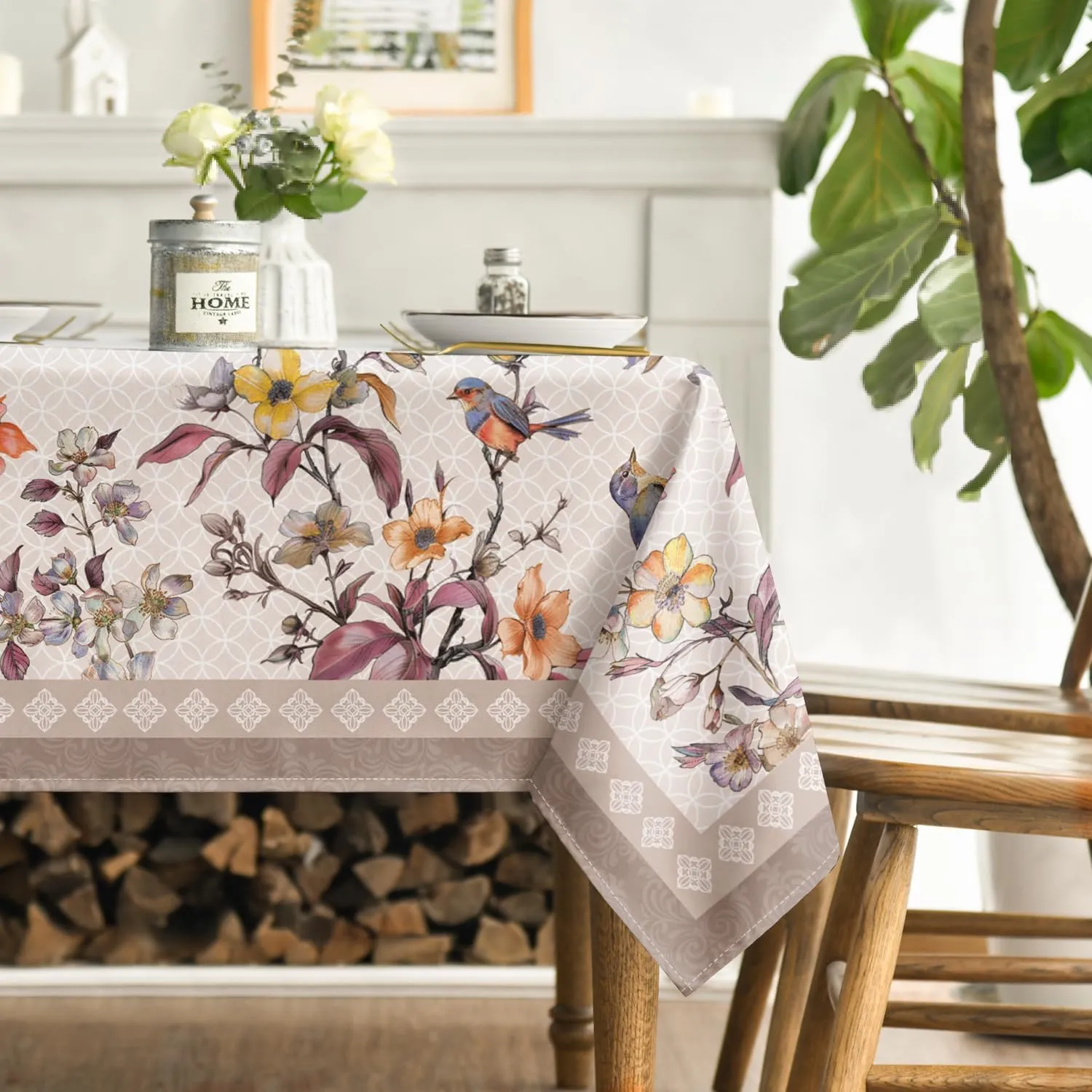 Horaldaily Floral Bordered French Tablecloth 60x84 Inch Rectangular, Pink Flowers Birds Leaves Washable Seasonal Table Cover for Party Picnic Dinner Decor