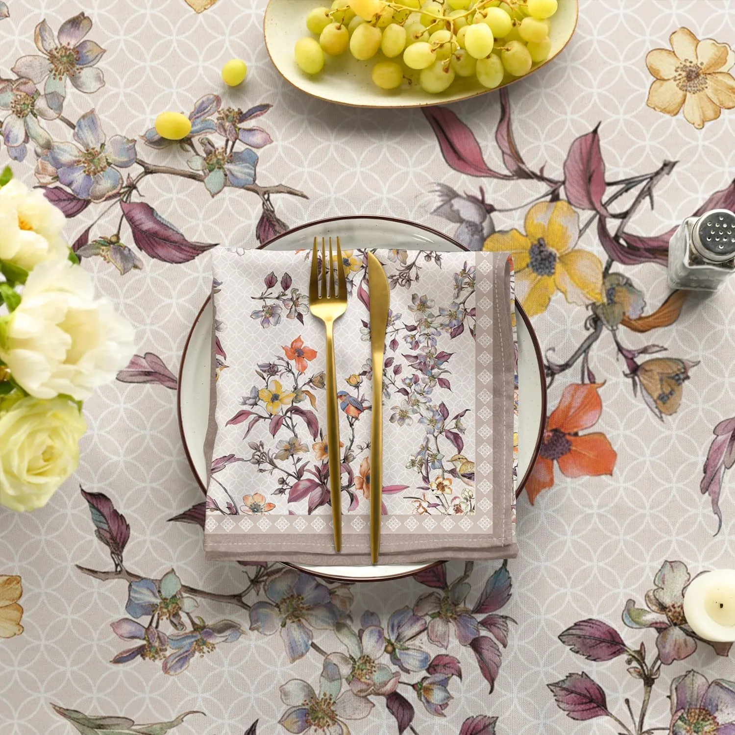 Horaldaily Floral Bordered French Tablecloth 60x84 Inch Rectangular, Pink Flowers Birds Leaves Washable Seasonal Table Cover for Party Picnic Dinner Decor