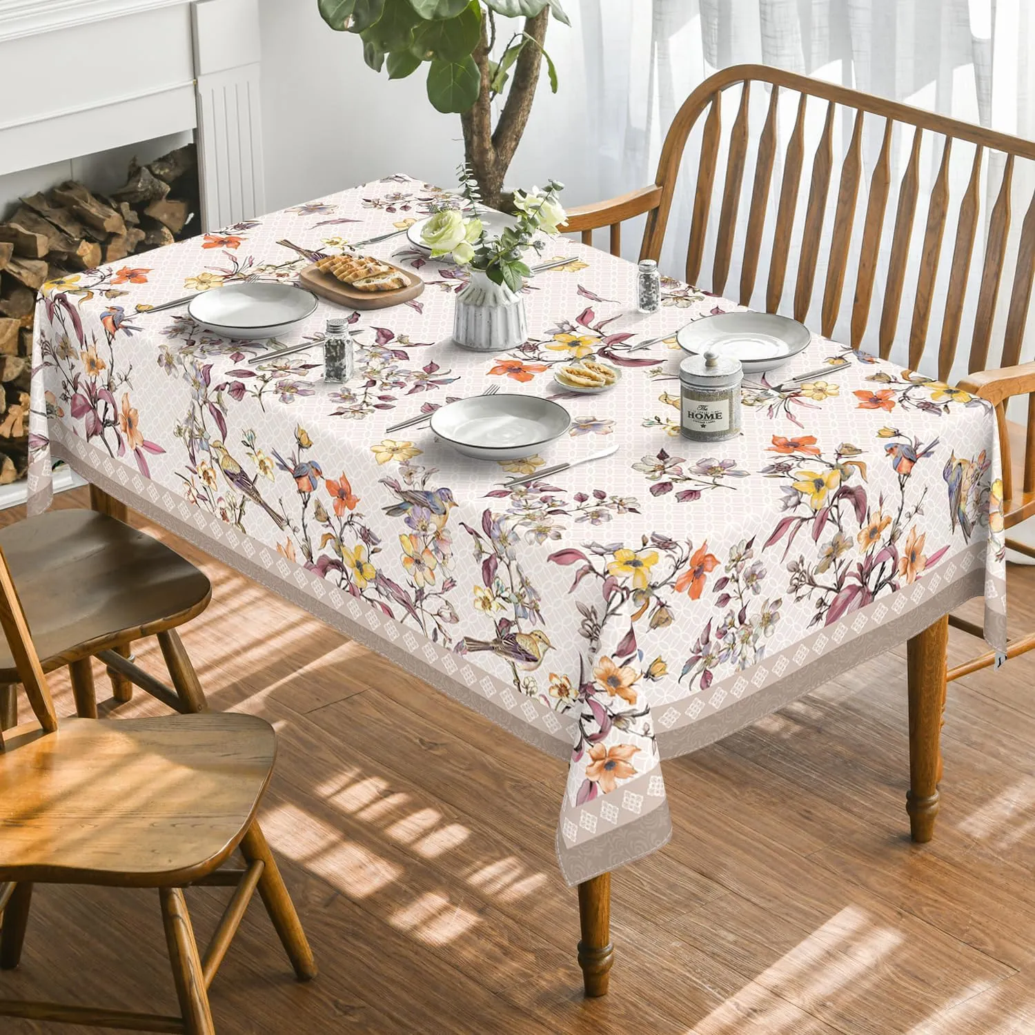 Horaldaily Floral Bordered French Tablecloth 60x84 Inch Rectangular, Pink Flowers Birds Leaves Washable Seasonal Table Cover for Party Picnic Dinner Decor
