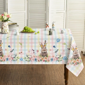 Horaldaily Easter Tablecloth 60×84 Inch Rectangular, Colorful Spring Flower Buffalo Plaid Bunny Washable Table Cover for Party Picnic Dinner Decor